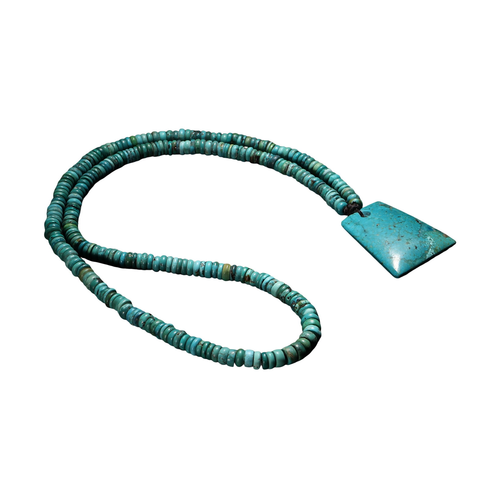 Qing Dynasty Natural Turquoise Disc Bead Necklace with Peace Plaque Pendant (18thâ€“19th Century): Dimensions: Total weight 83 g; turquoise peace plaque measures approximately 4.7 cm (1.9 in, 0.15 ft) in length and 4 cm (1.6 in, 0.13 ft) in width; 18th–19th century Qing Dynasty personal ornamentC