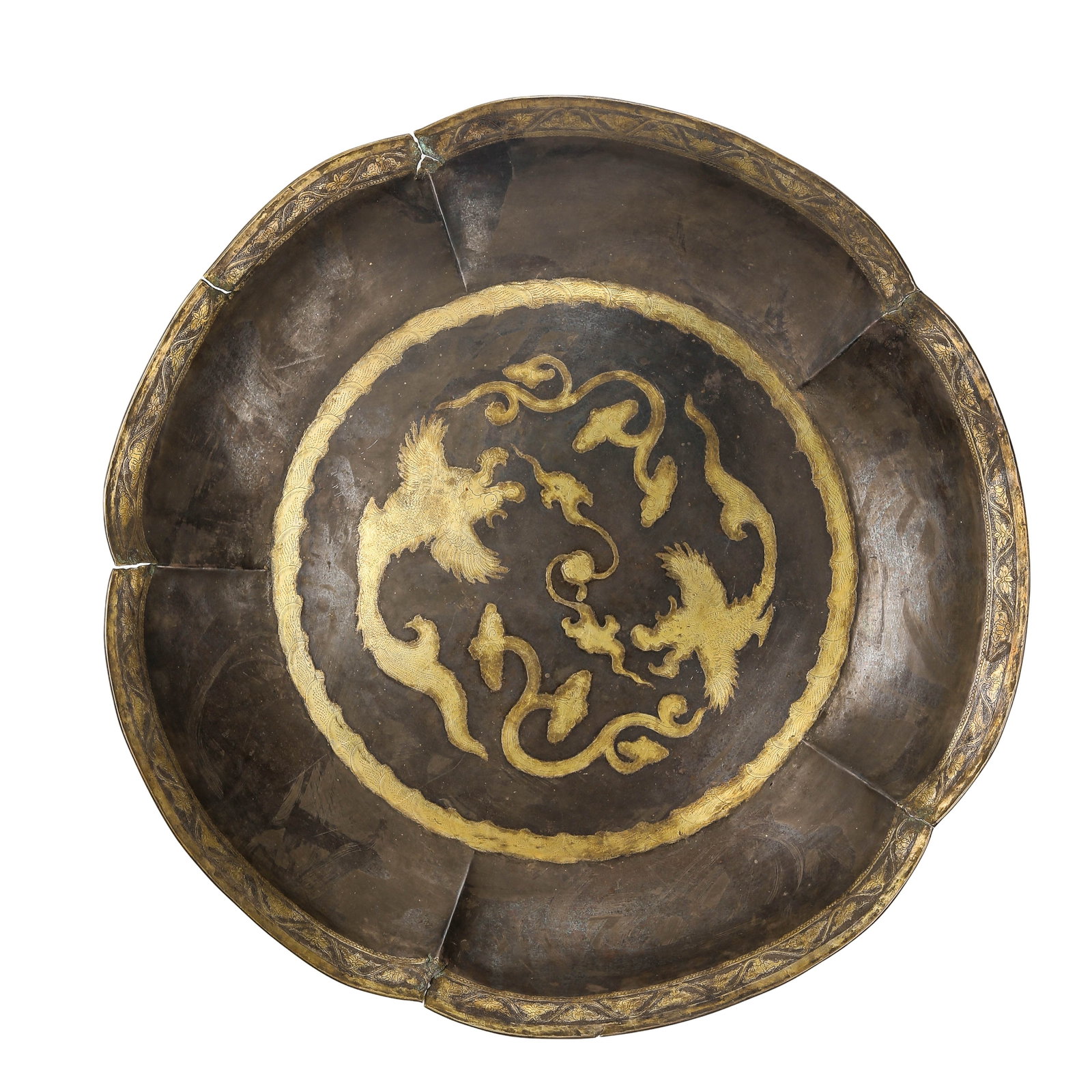 Liao?Jin?Dynasty Silver Gilt Large Lobed Plate with Double?Phoenix Motif: Dimensions: Total weight 2,100 g; diameter 47.8 cm (18.8 in, 1.57 ft), height 7 cm (2.8 in, 0.23 ft); 7th–10th century Tang Dynasty silverworkCondition & Provenance: Good condition with the original