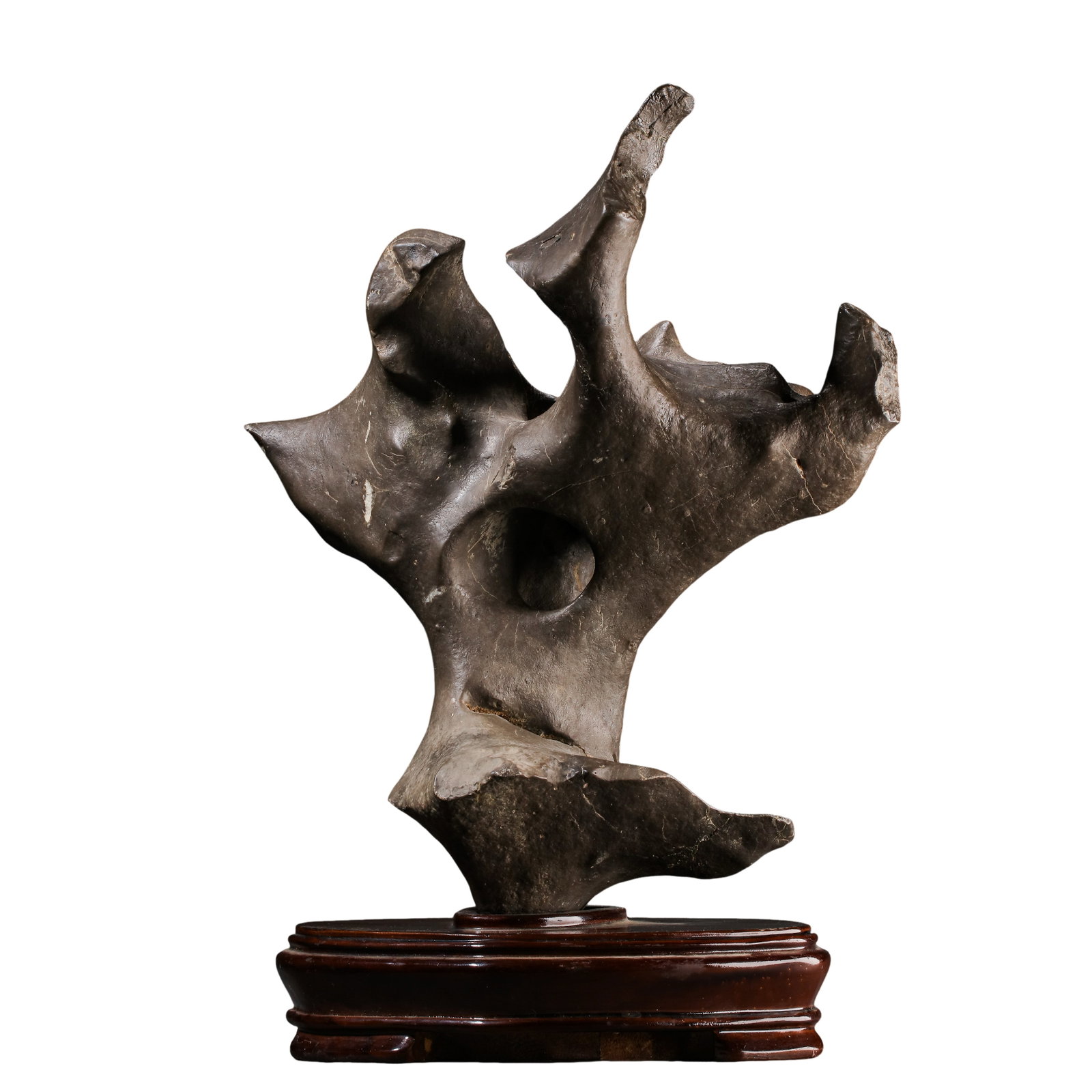 Qing Dynasty Natural Taihu Scholarâ€™s Rock with Original Rosewood Stand (18thâ€“19th Century): Dimensions: Overall height 39 cm (15.4 in, 1.28 ft), width 30 cm (11.8 in, 0.98 ft); 18th–19th century Qing Dynasty scholar’s objectCondition & Provenance: Good condition. The natural stone retain