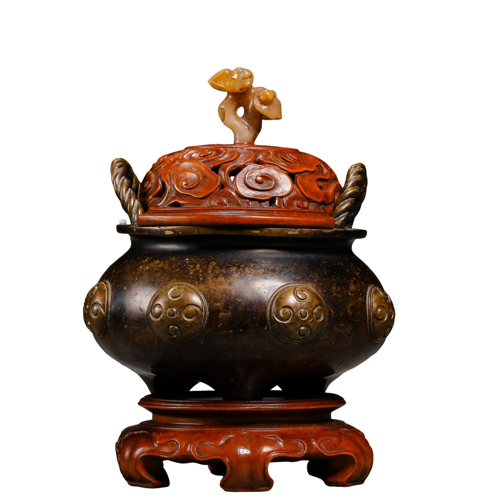Qing Dynasty Bronze Tripod Censer with Twisted?Rope Handles and Boss Motifs, Fitted with Carved (1 of 9)