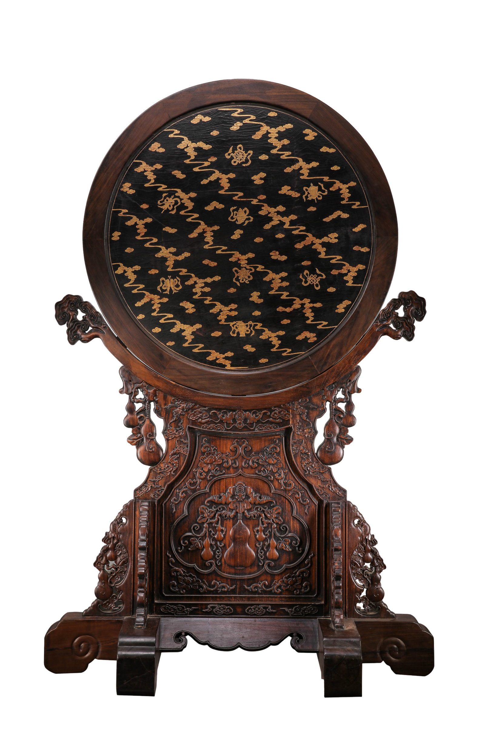 Qianlong Period Qing Dynasty Rosewood Black Lacquered Gilt Hundred Treasures Inlaid â€œLongevity (1 of 8)