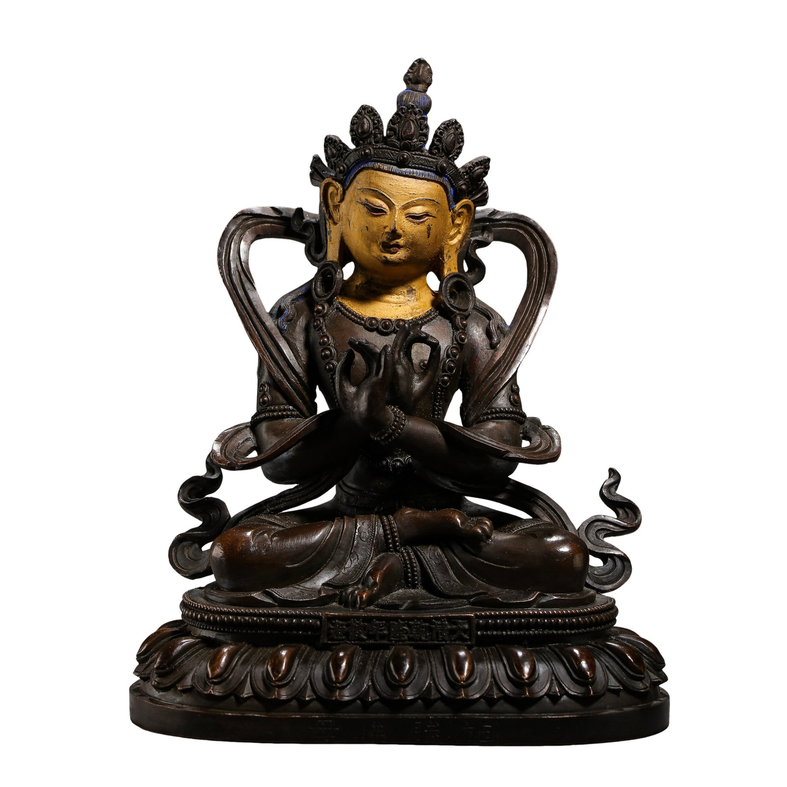 Qianlong Period Qing Dynasty Gilt Copper Sunlight Tara Figure with Imperial Inscription (18th: Dimensions: Overall height 17.5 cm (6.9 in, 0.57 ft), figure height 14 cm (5.5 in, 0.46 ft), weight 1664 g (3.67 lb); 18th century Qing Dynasty Qianlong period imperial Buddhist sculptureCondition & P