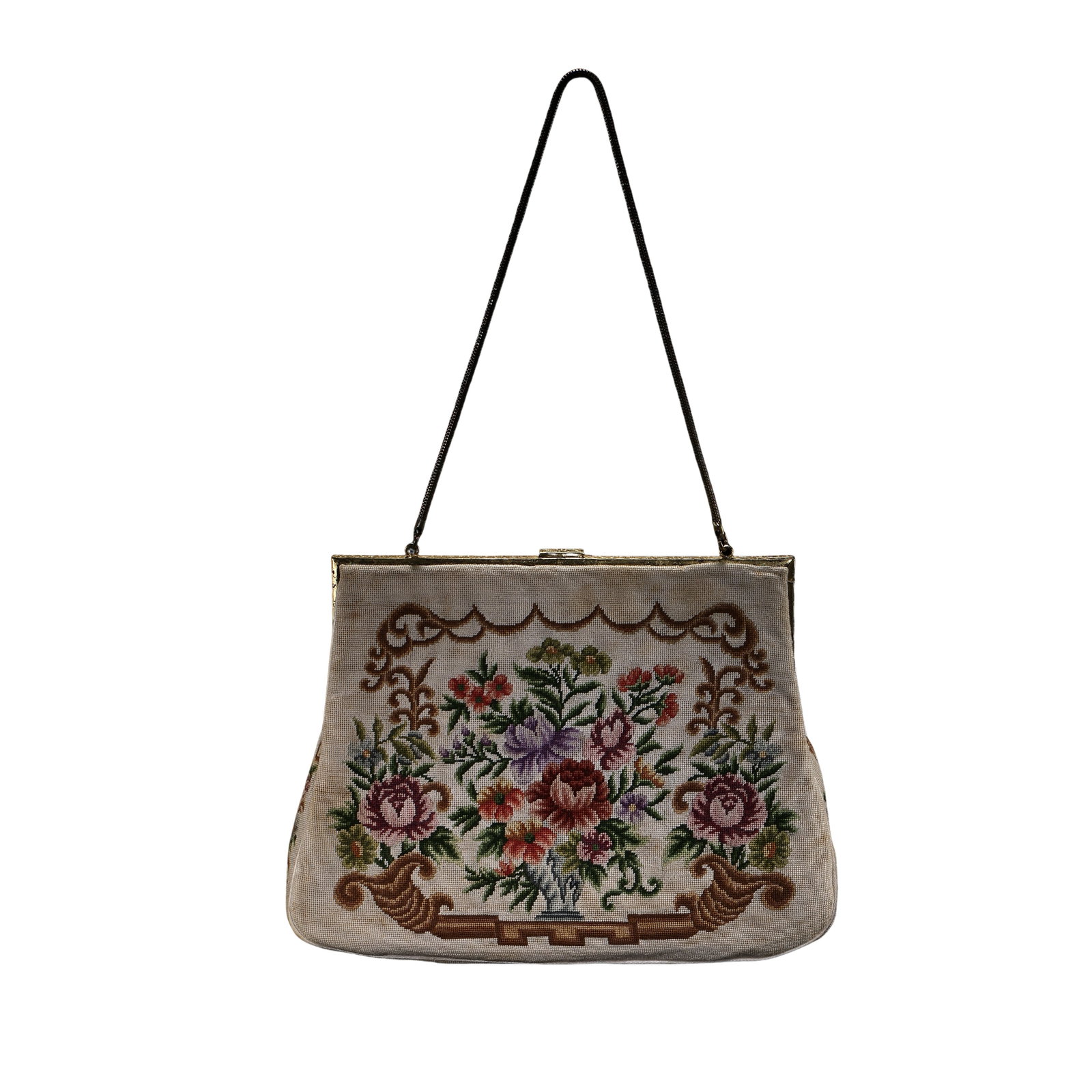 Early 20th Century French Style Floral Needlework Gold-Mounted Evening Purse (European Vintage: Dimensions: Width 21 cm (8.3 in, 0.69 ft), height 16 cm (6.3 in, 0.52 ft), weight 206 g (0.45 lb); Early 20th century European ladies’ evening accessoryCondition & Provenance: Very good overall cond