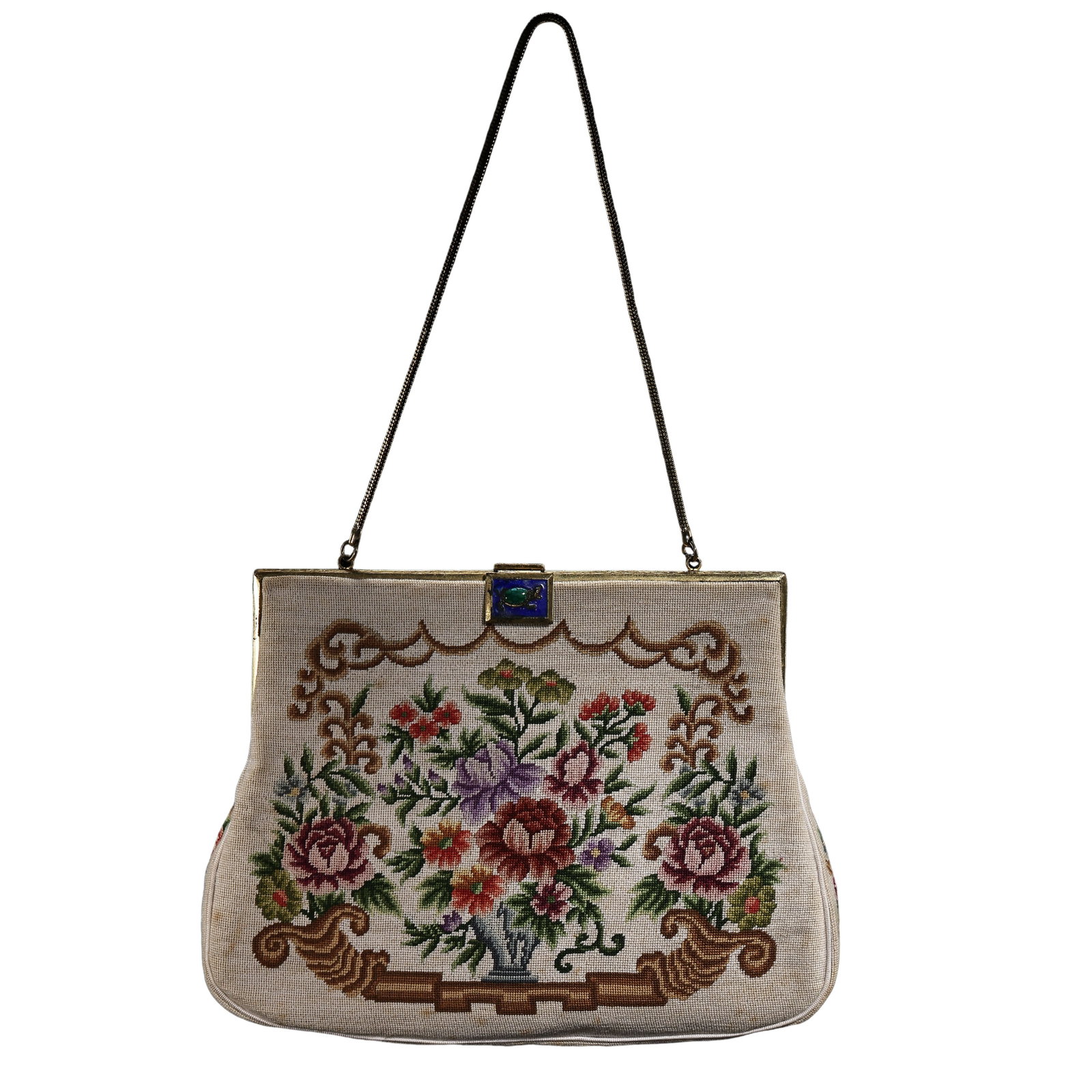 Early 20th Century European Floral Needlepoint Embroidered Gilt Enamel Clasp Evening Handbag: Dimensions: 21.5cm (8.5in, 0.71ft) in width and 16cm (6.3in, 0.53ft) in height, weight 181g; Early 20th CenturyCondition & Provenance: Excellent condition; Private Collection, New York, USADescription