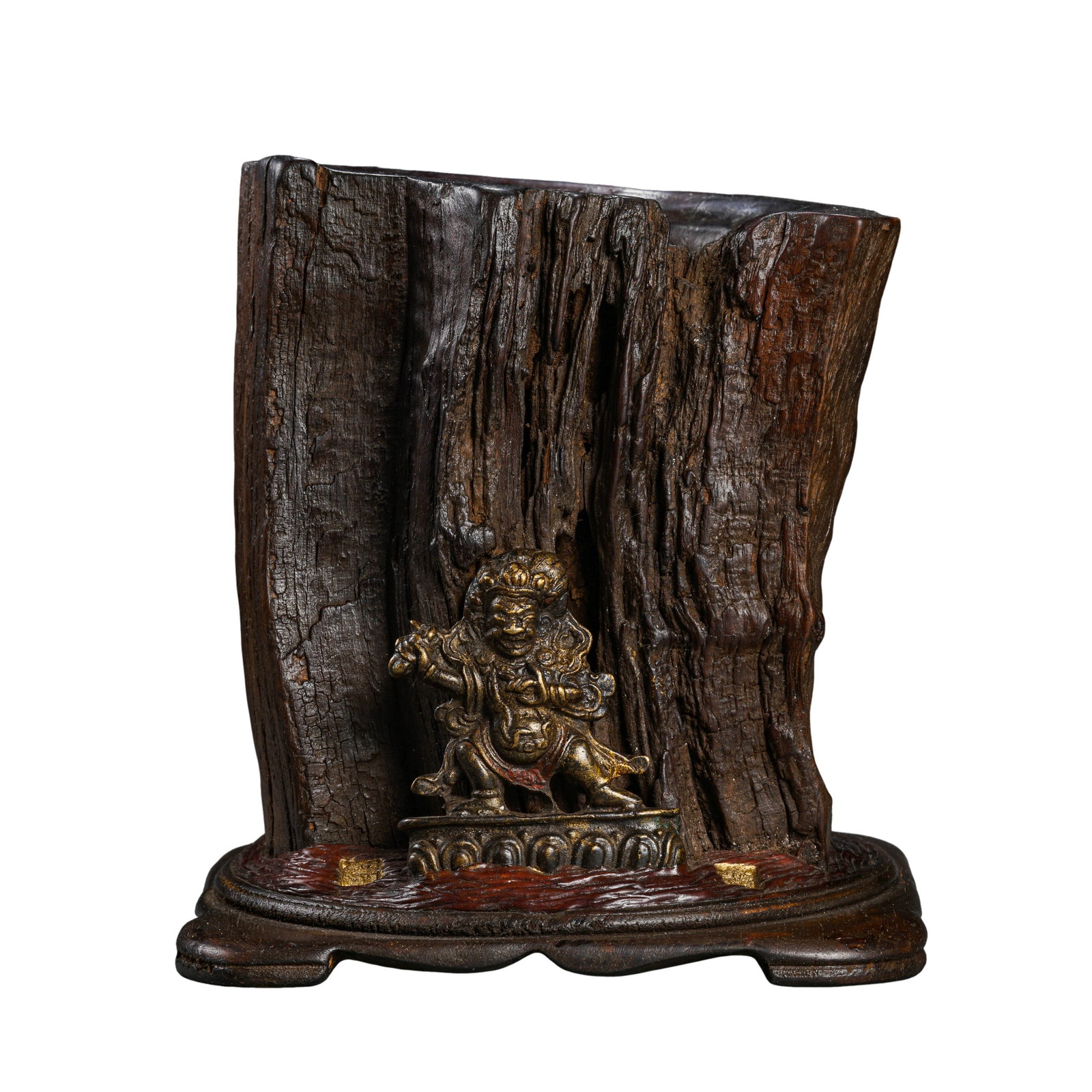 Qing Dynasty, 18th Century Natural Old Wood Brush Pot with Gilt Bronze Vajrapala Figure: Dimensions: 14 cm (5.5 in, 0.46 ft) in width, 13.3 cm (5.2 in, 0.44 ft) in height, weight 1007 g; 18th Century Qing Dynasty scholar’s studio wood carvingCondition & Provenance: Overall well preserve