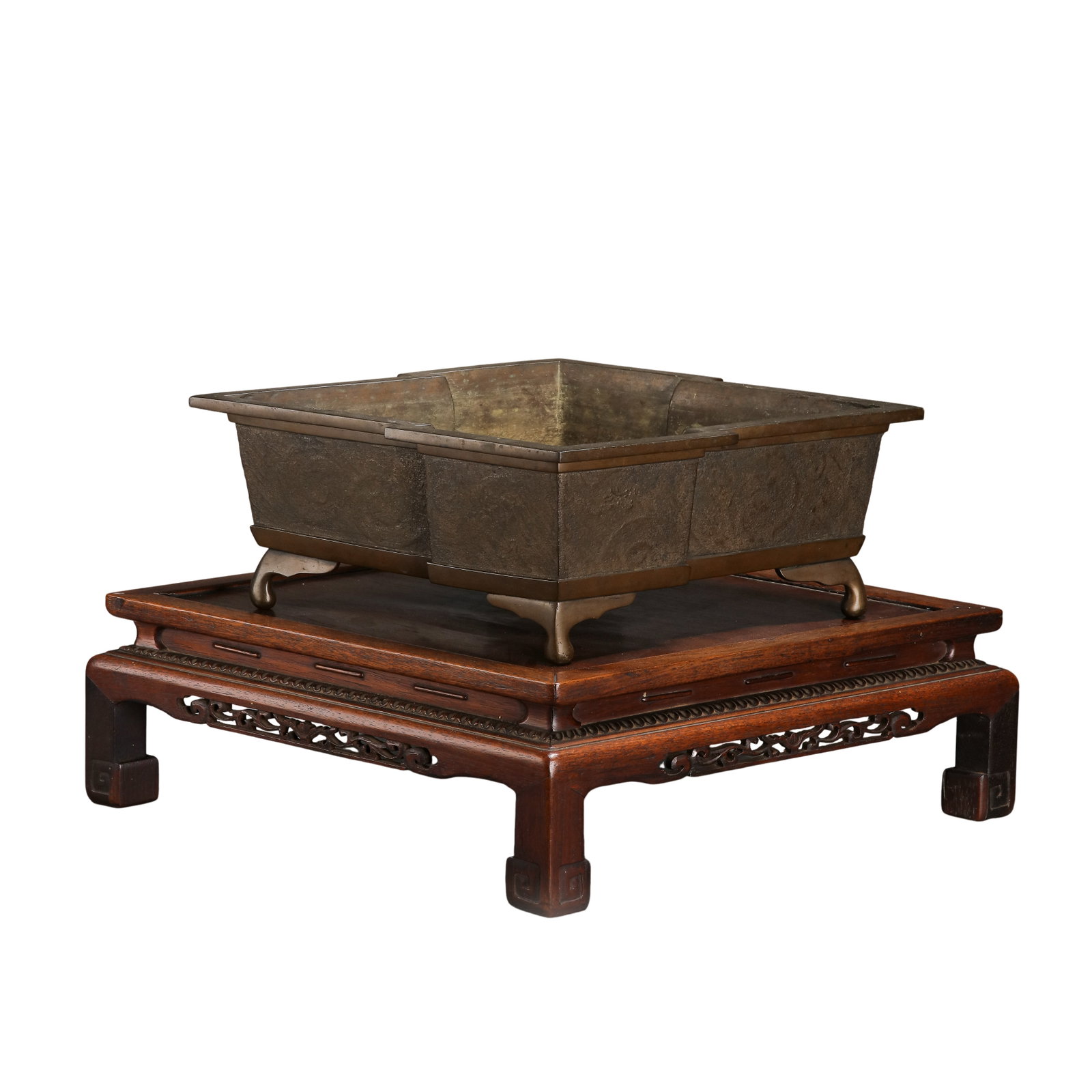 Qing Dynasty, 18th Century Bronze Square Censer with Scroll Floral Relief Decoration, â€œGaolongtang: Dimensions: 45.5 cm (17.9 in, 1.49 ft) in length, 13.5 cm (5.3 in, 0.44 ft) in height, weight 4.8 kg; 18th Century Qing Dynasty bronze ritual and scholar’s furnishingCondition & Provenance: The bron