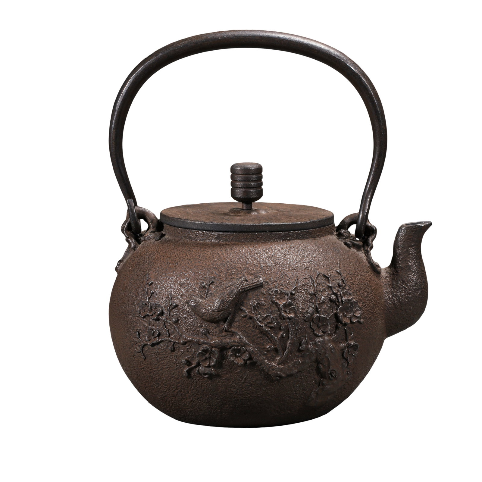 20th Century Japanese Cast Iron Teapot with Zhiyitang Mark and Raised Plum Blossom & Bird Decoration (1 of 10)