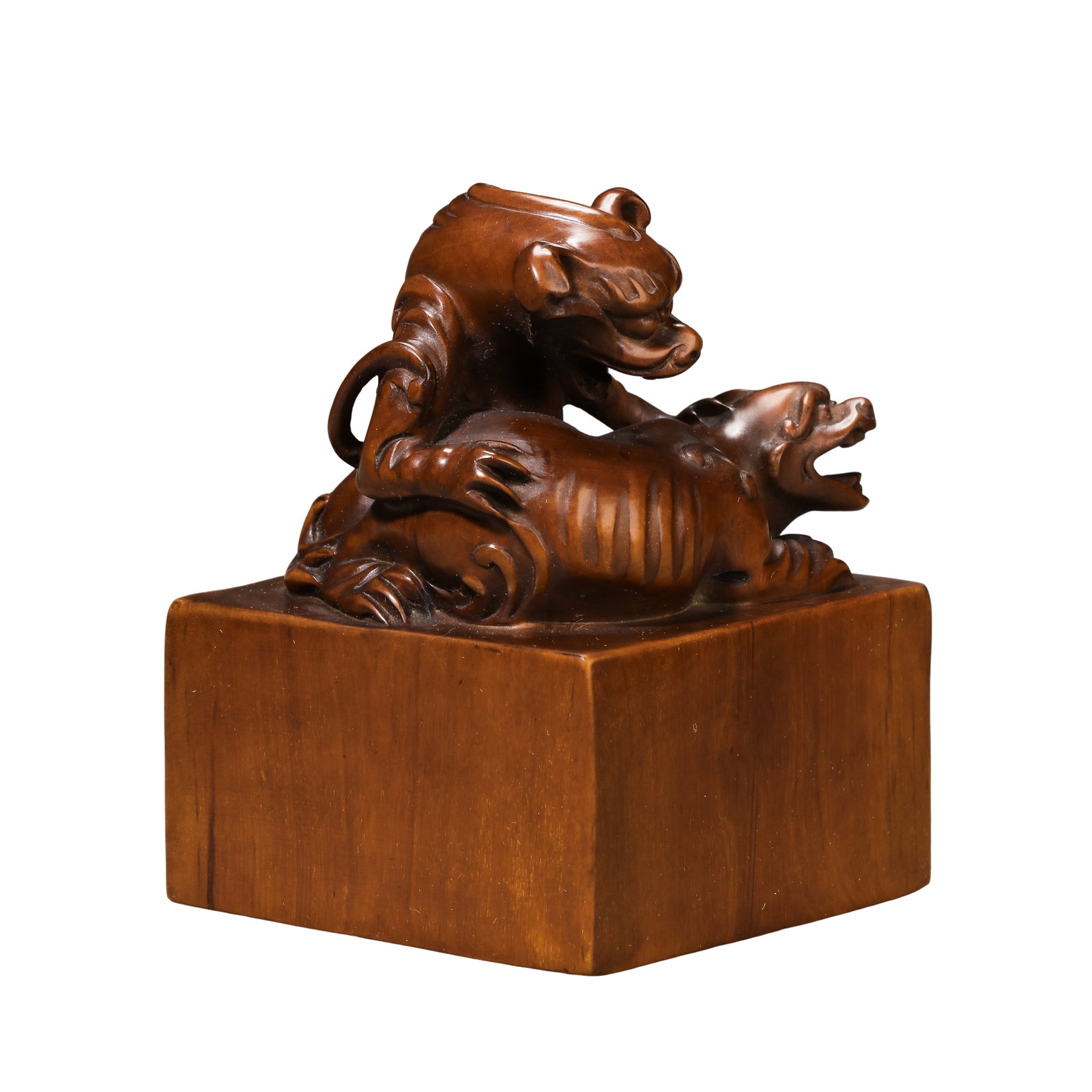 Qing Dynasty Boxwood Square Seal with Double Chi Dragon Finial (18th Century) (1 of 8)