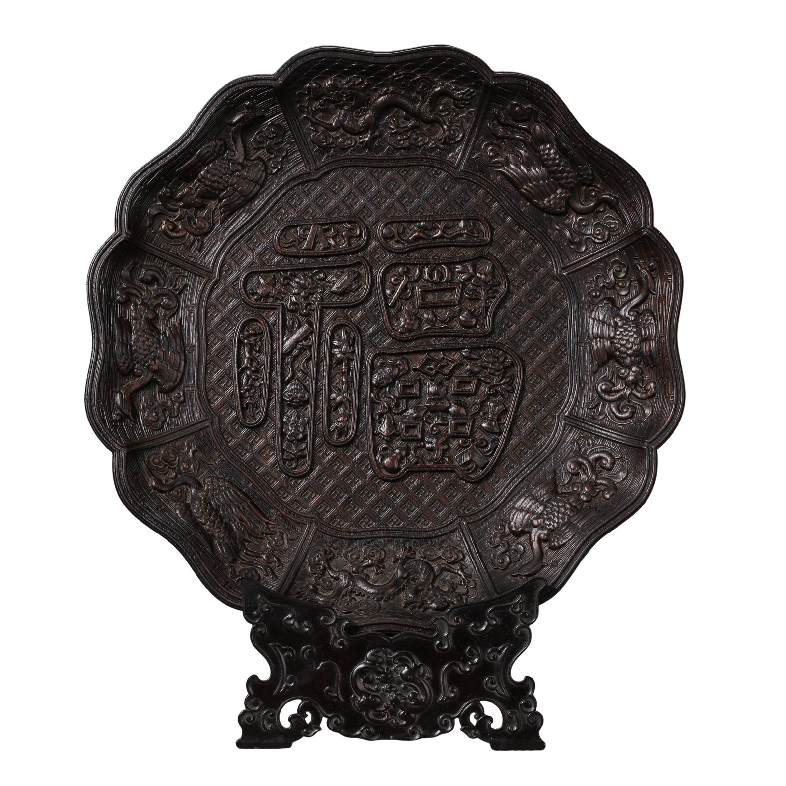 Qing Dynasty Zitan Wood Carved â€œFu?? Character Dragon and Phoenix Floral Display Plate with (1 of 12)