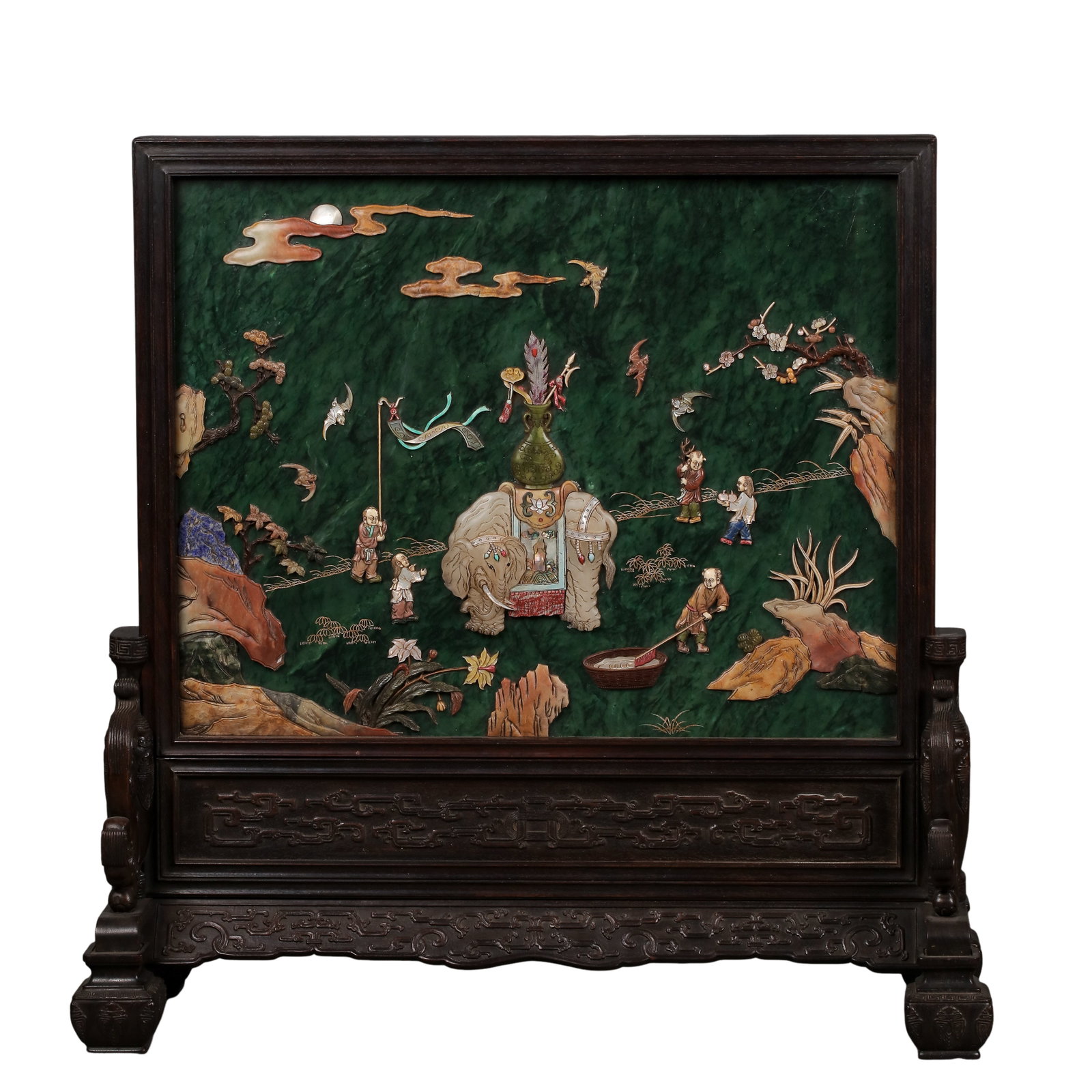 Qing Dynasty Zitan Wood Spinach Jade Hundred Treasures Inlaid Table Screen Featuring Peace Elephant: Measurements: Overall height 56cm(22.05in), screen width 50cm(19.69in), 17th-20th CenturyCondition & Provenance: The entire zitan wood frame is intact without cracks, all carved patterns remain well-p