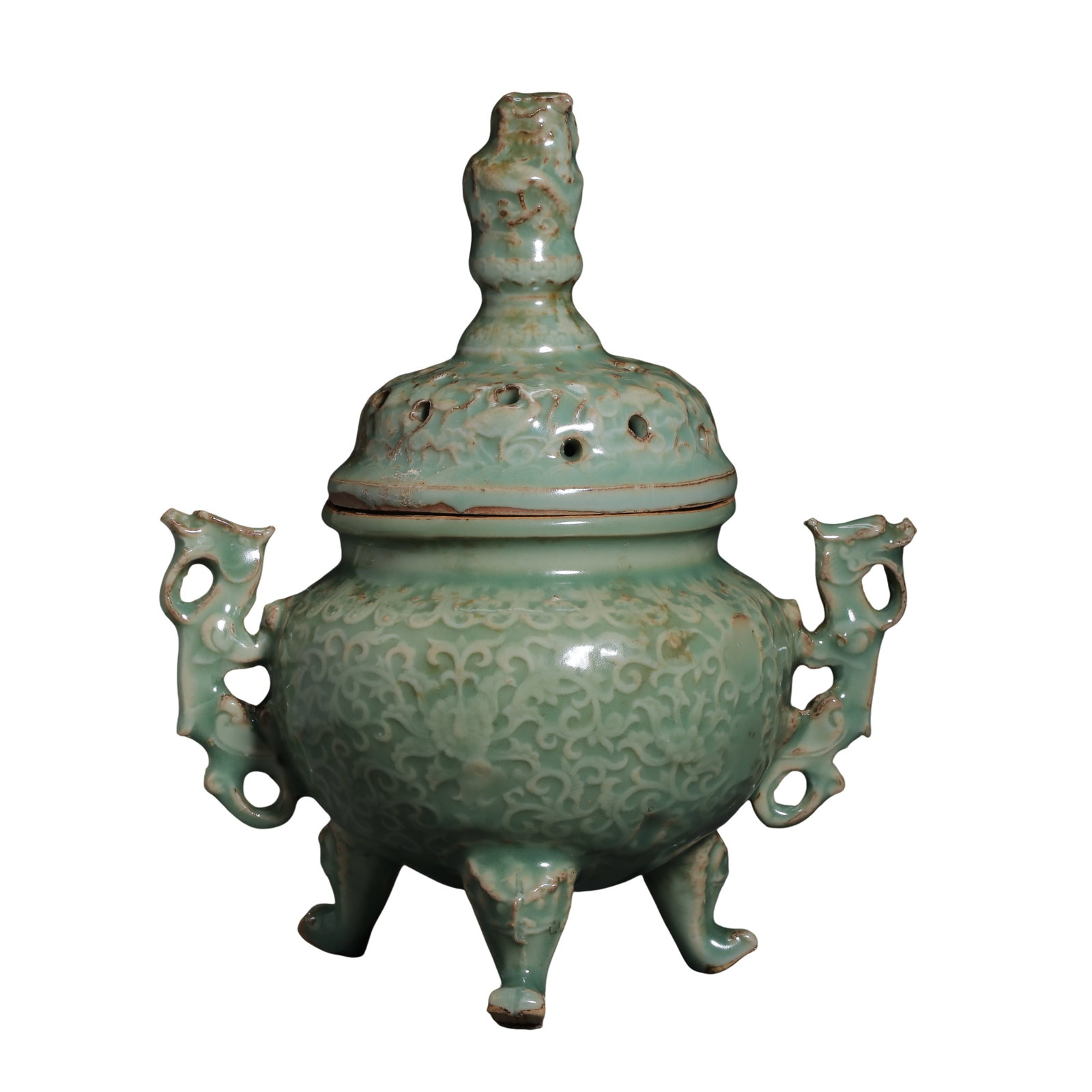 Yuan Dynasty Longquan Kiln Powder Celadon Incense Burner With Scroll Floral Carving, Dragon Handles, (1 of 11)