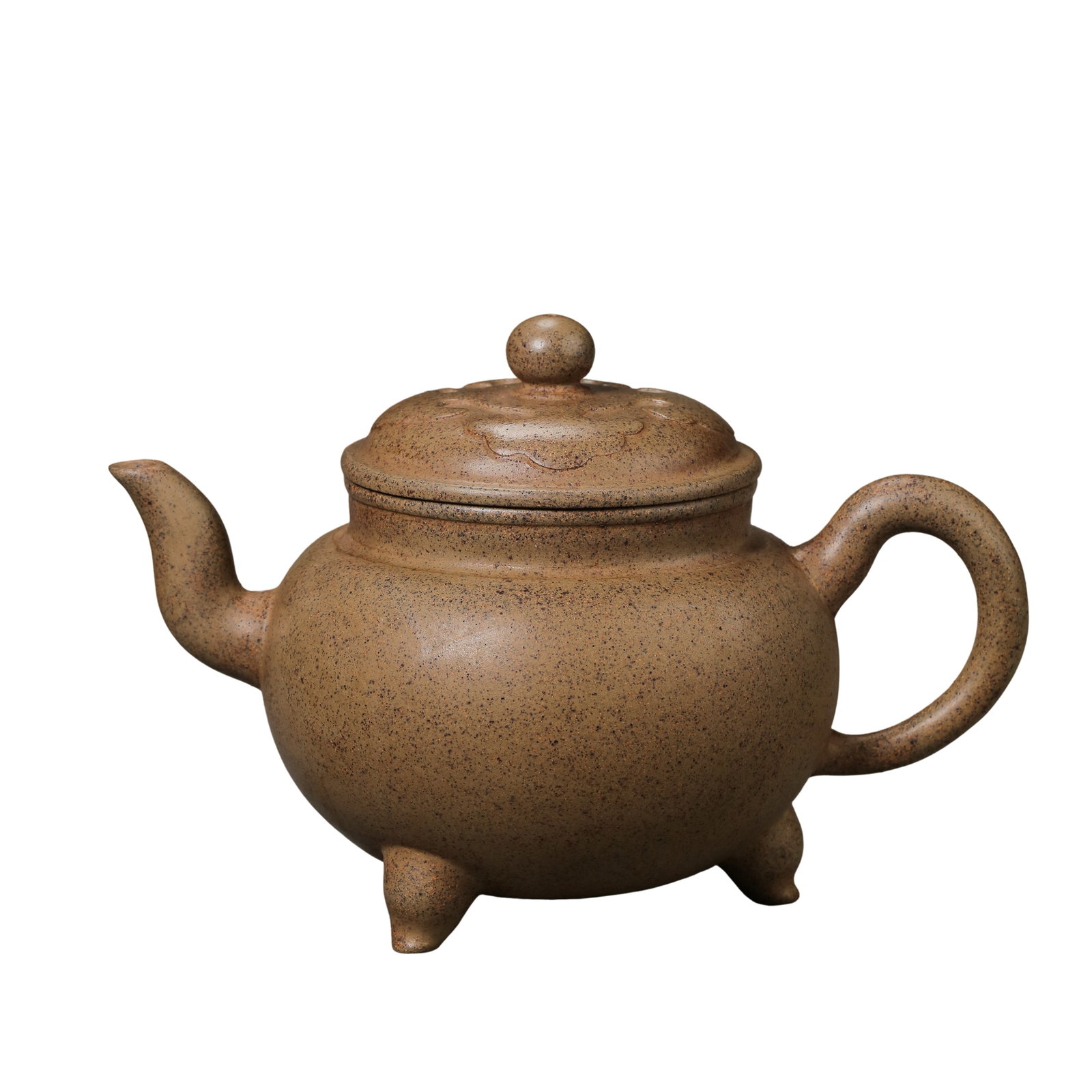 Qing Dynasty Duan?Clay Tripod Zisha Round Teapot With Ruyi Cloud Relief Decoration: Condition & Provenance: This complete teapot retains its original matching lid, the body, spout, loop handle and three feet are all perfectly preserved, free of cracks, hairlines, chips, missing clay 