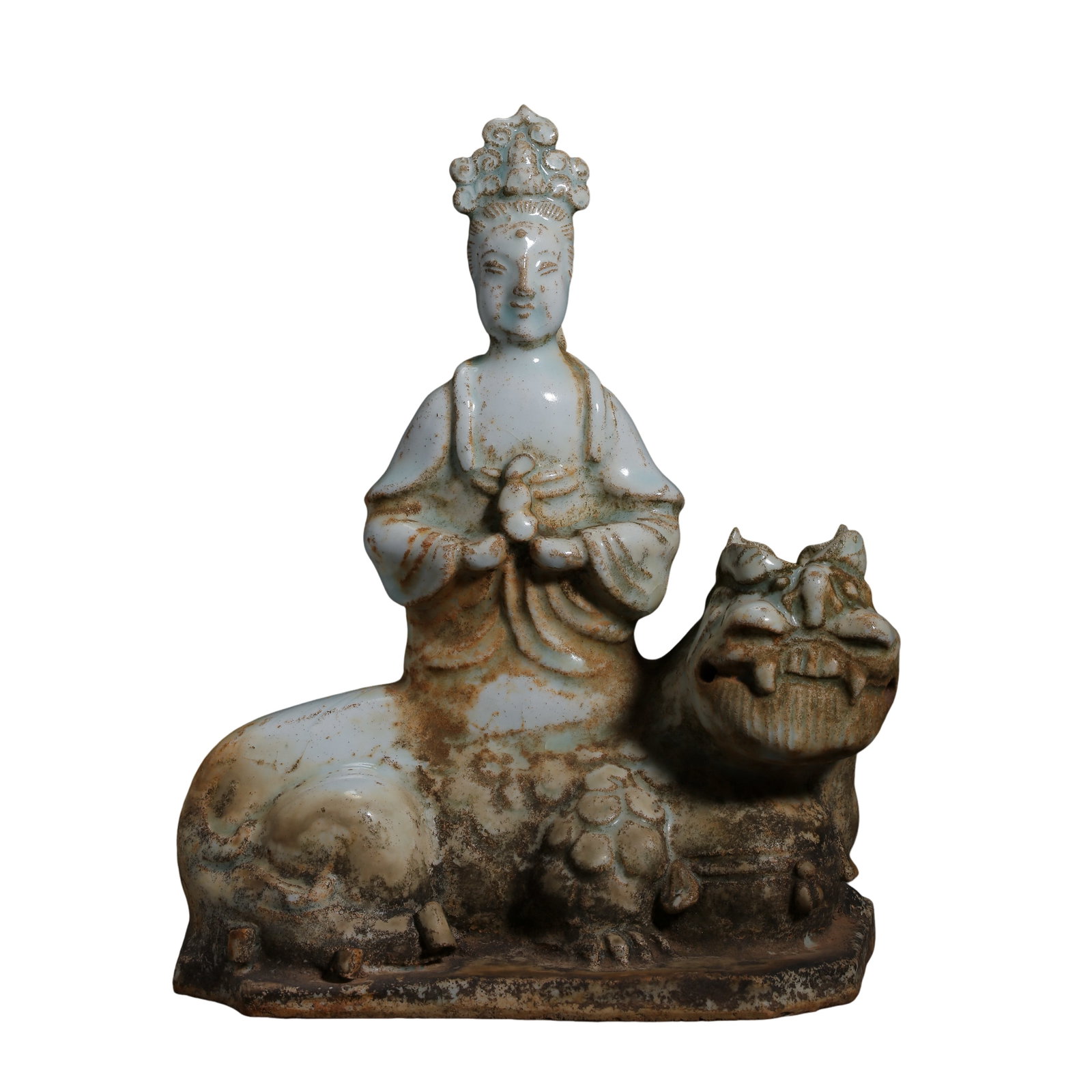 Song Dynasty Yingqing Glazed Porcelain Manjushri Buddha Seated on Lion Statue: Measurements: Maximum width 15cm(5.91in), overall height 19.8cm(7.80in),10th?13th CenturyCondition & Provenance: The entire statue is fully intact without breaks or missing components, the Bodhisattva