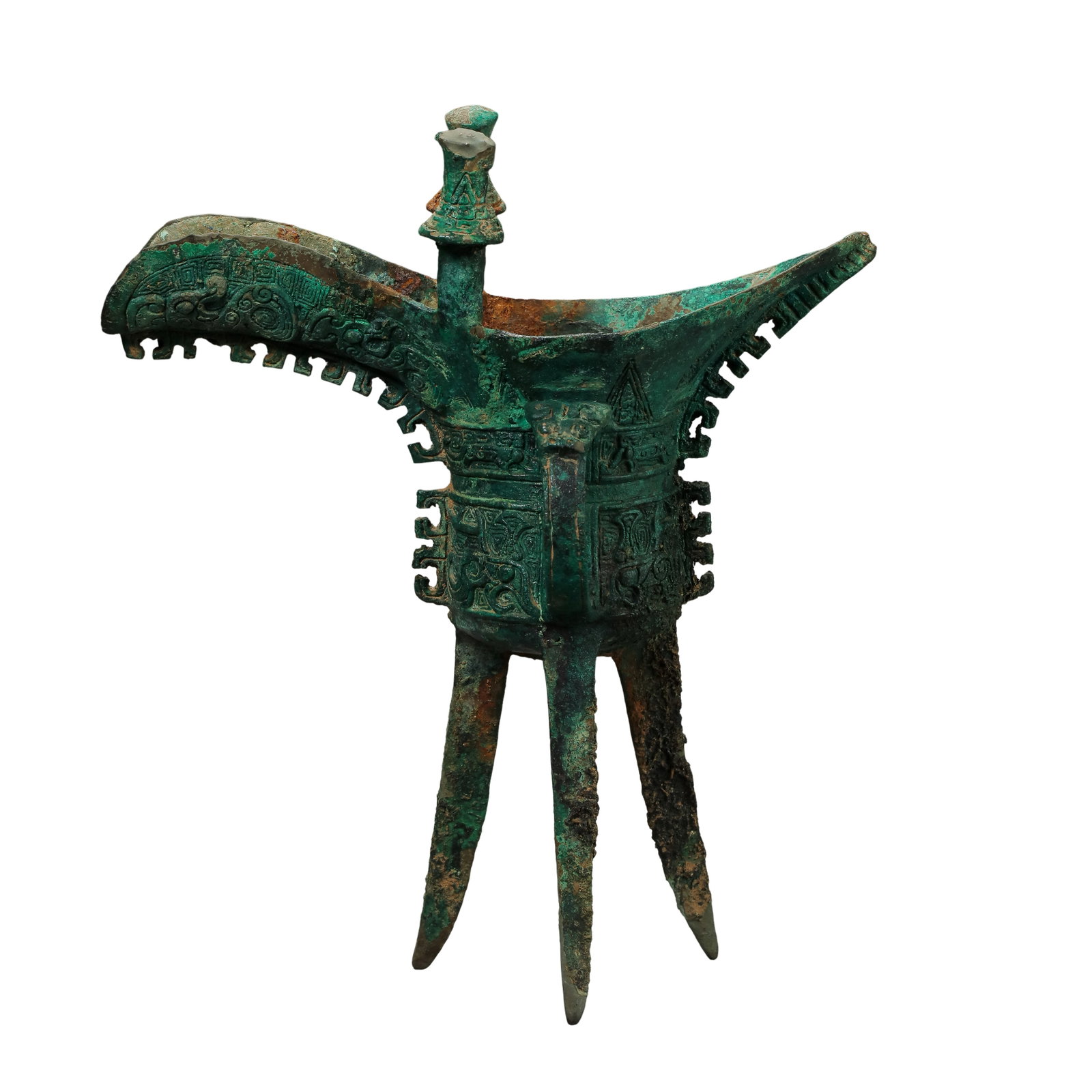 Shang Dynasty Bronze Jue Cup with Beast Mask Relief & Flanges: Measurements: Overall length 19cm(7.48in), overall height 22.5cm(8.86in), weight 706g, Shang Dynasty 16th–11th Century BCECondition & Provenance: The bronze vessel is fully intact with no missing se