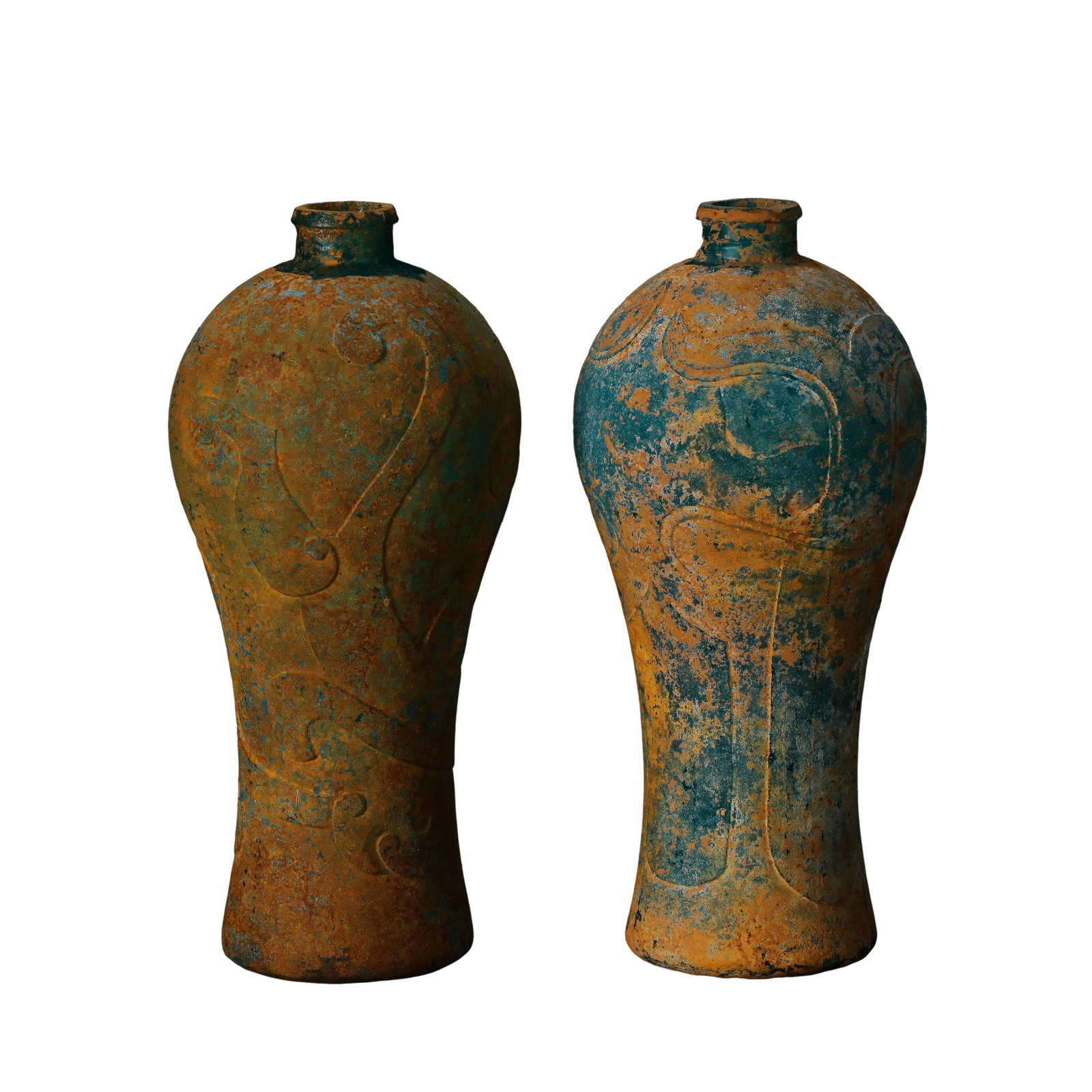 Pair of Han Dynasty Bronze Plum Vases Incised with Scroll Grass Motifs, Han Dynasty, 2nd Century BCE: Measurements: Single vase overall height 20.5cm(8.07in), complete matching pair of two vesselsCondition & Provenance: Both vases are structurally intact with no cracks, restorations or missing segment