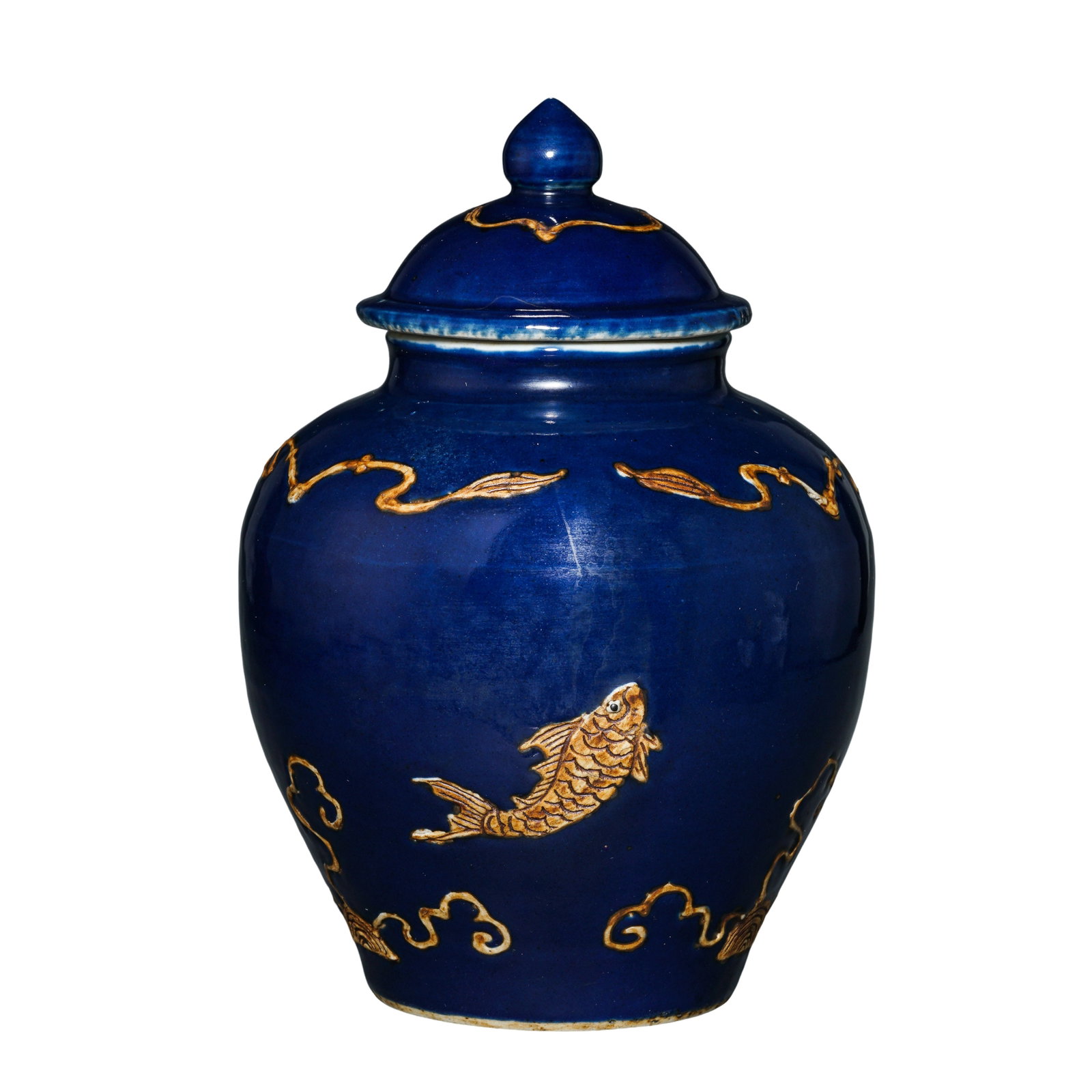 Ming Dynasty Sacrificial Blue Glazed Covered Jar with Raised Fish & Aquatic Cloud Relief, Ming: Measurements: Overall height 22cm(8.66in), maximum belly diameter 16cm(6.30in)Condition & Provenance: The jar body and matching original lid form a complete undamaged set, free of cracks, chips, nicks