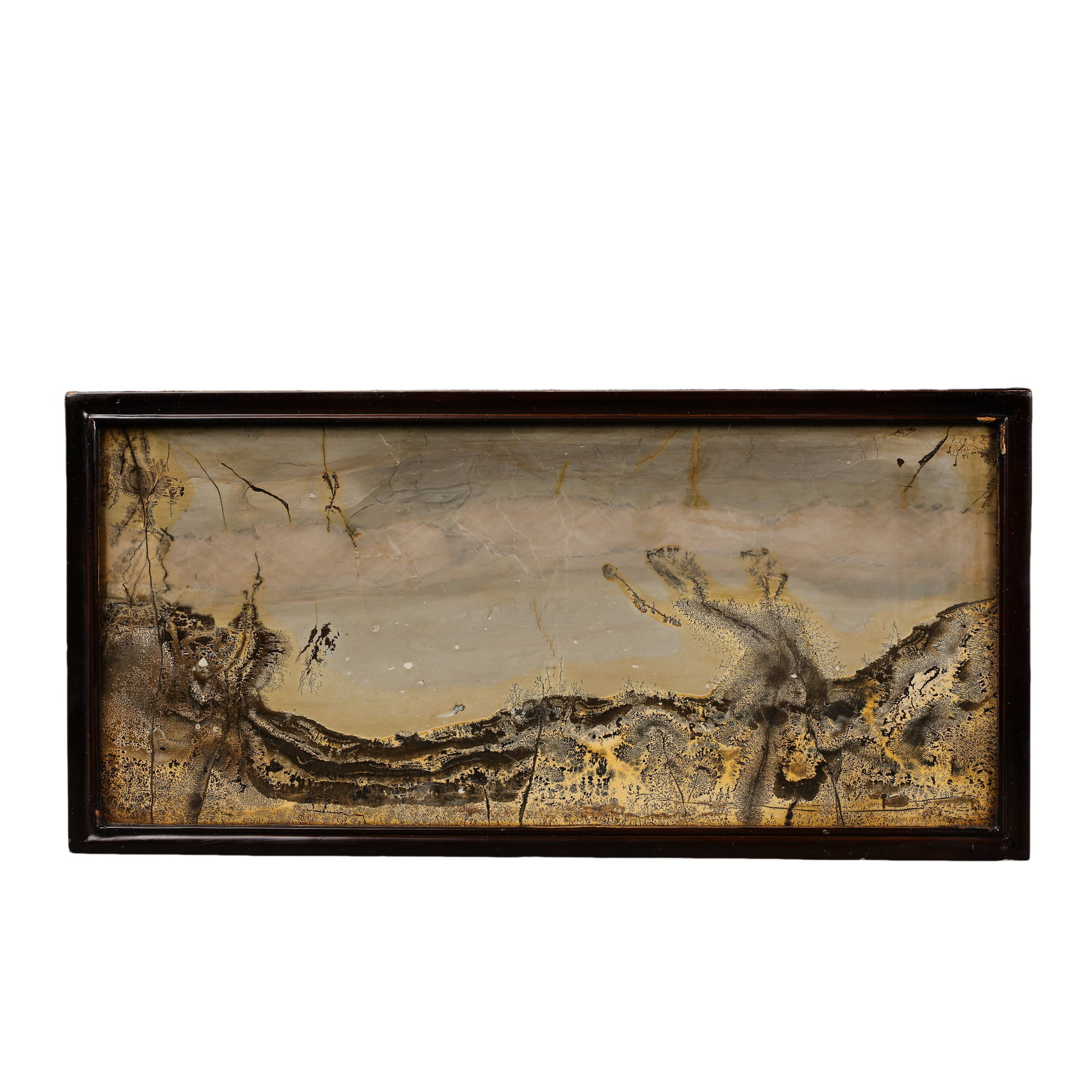 Natural Dendritic Landscape Picture Stone with Solid Wood Frame, Contemporary: Measurements: Length 38.2cm(15.04in), Width 18.5cm(7.28in), Weight 3.1kgCondition & Provenance: The stone slab is fully intact. All patterns are natural mineral dendrite deposits without artificial