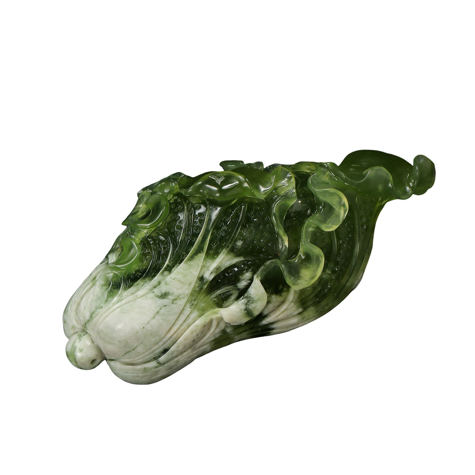 Hand-Carved Serpentine Cabbage Ornament (Symbolizing Fortune), Modern, 20th Century: Measurements: Length 11.5cm(4.53in), Height 6cm(2.36in), Weight 253gCondition & Provenance: The carving is fully intact without chips, hidden cracks or stone repairs, carved from one solid piece of na