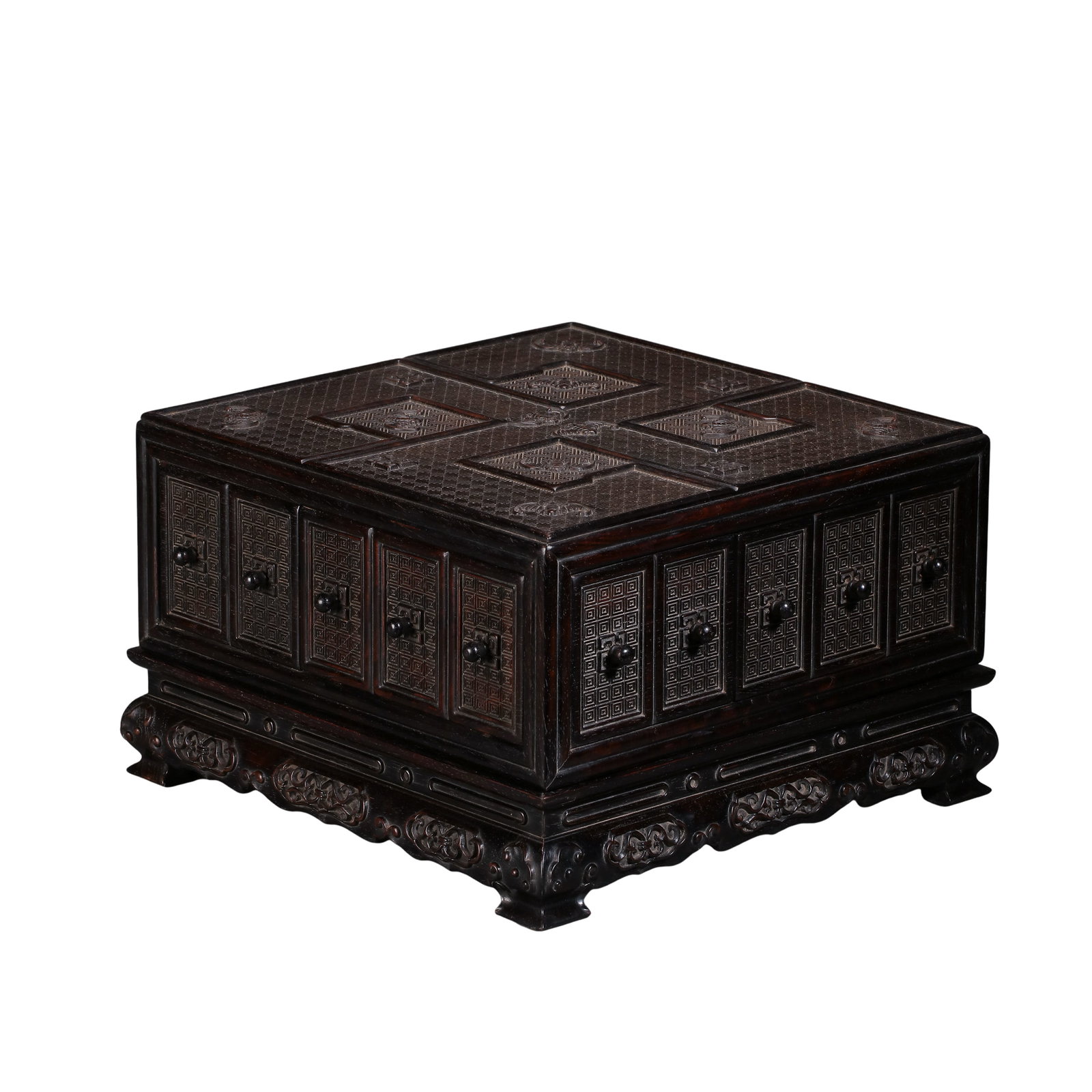 Zitan Wood Multi-Drawer Treasure Chest Carved with Swastika & Bat Blessing Motifs, Mid-Late Qing (1 of 14)