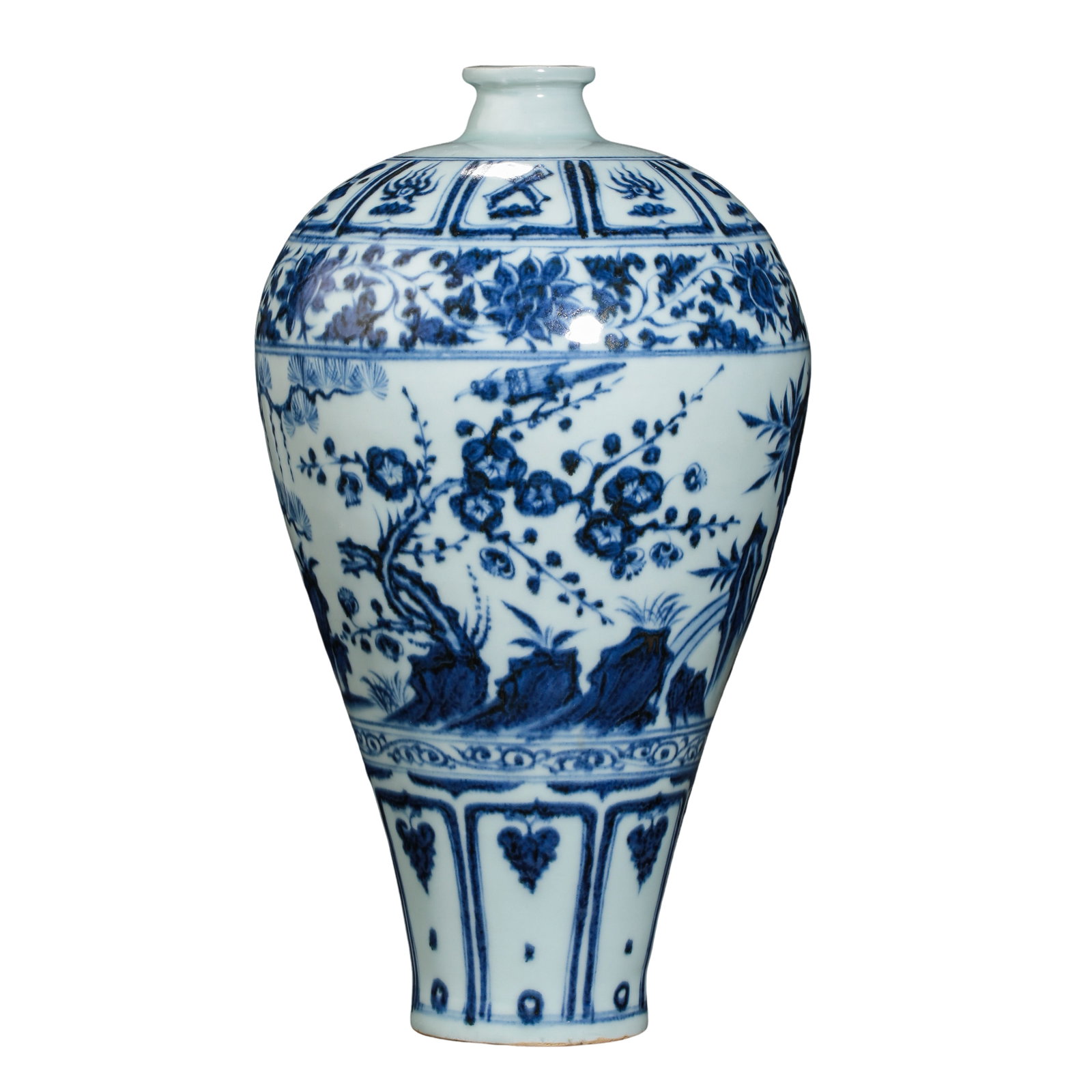Blue and White Meiping Vase with Three Friends of Winter and Eight Treasures Motifs, Yuan Dynasty,: Measurements: Overall Height 29cm(11.42in), Rim Diameter 4cm(1.57in)Condition & Provenance: Fully intact vessel, no cracks, chips or later restorations. Rim, body and base remain in original condition