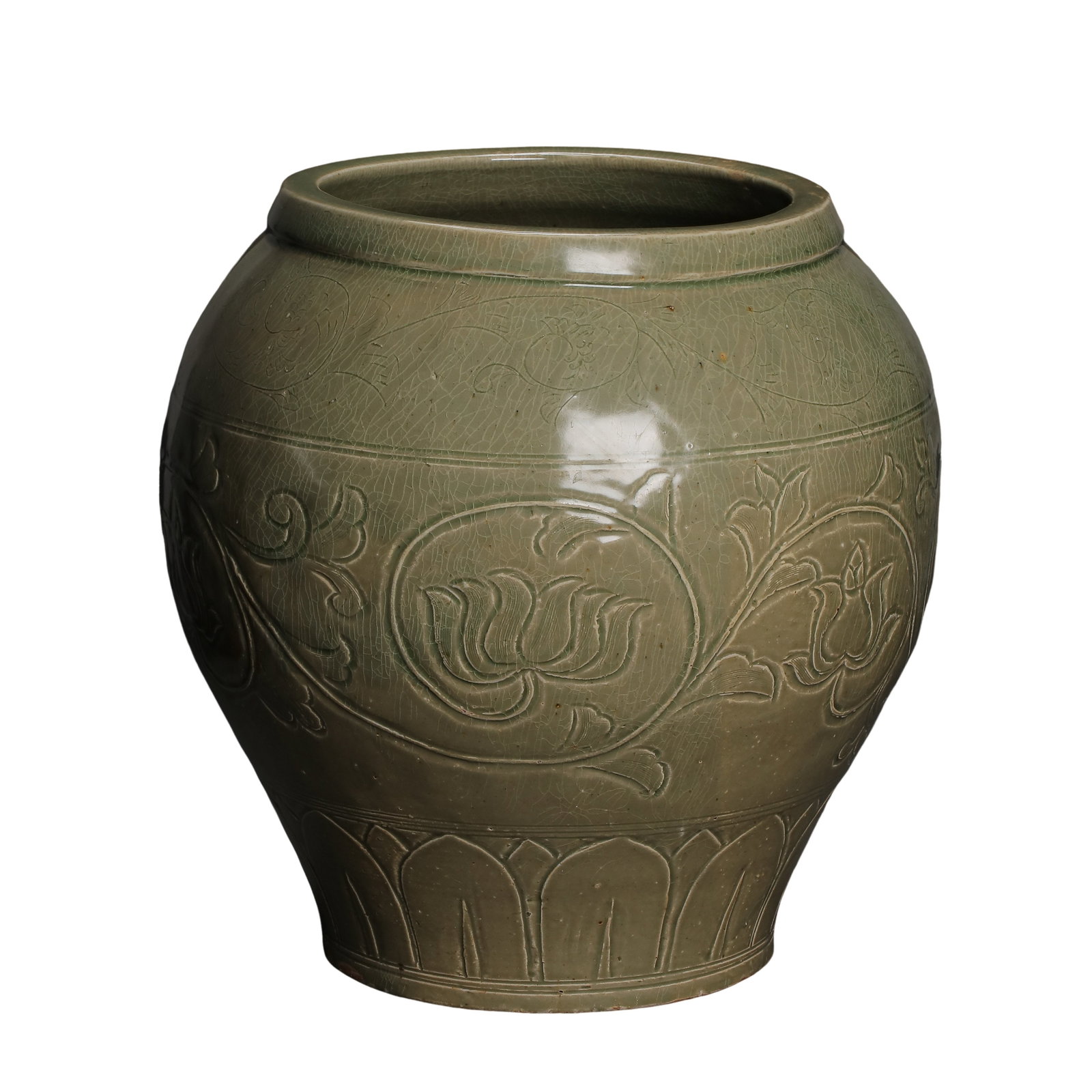 Yue?Ware Celadon Large Jar with Incised Interlocking Lotus Decoration, Song Dynasty, 10th?13th: Measurements: Overall Height 36cm(14.17in), Rim Diameter 24cm(9.45in)Condition & Provenance: The jar retains its original complete structure with firmly adhered grey?green celadon glaze all over the s