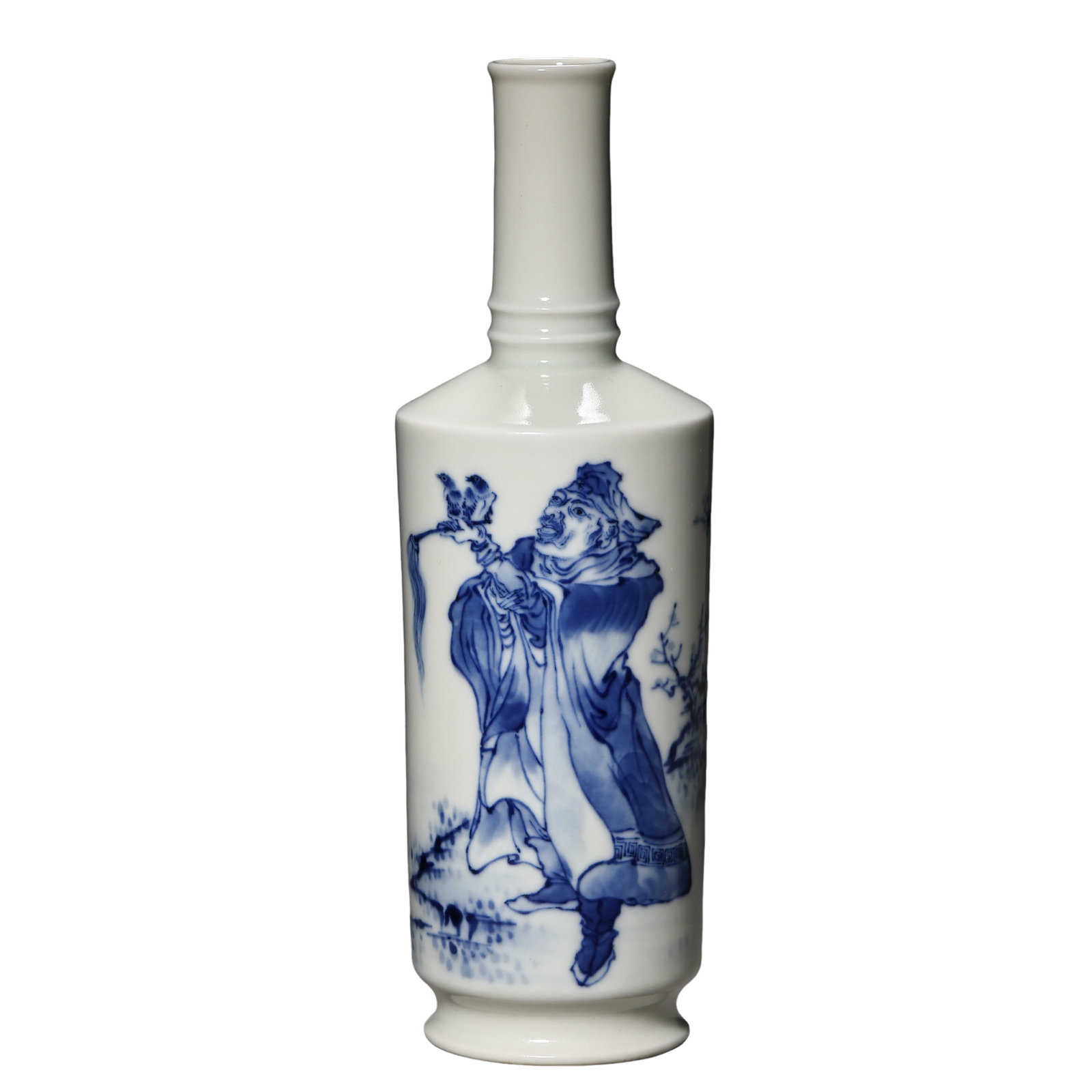 Blue and White Mallet Vase with Zhong Kui Holding Blessing Figure & Stringed Neck Motifs, Qing: Measurements: Overall Height 20.5cm(8.07in), 18th to 19th Century Qing DynastyCondition & Provenance: The vase boasts a straight, well-centered silhouette with tightly bonded clay and glaze layers. Th