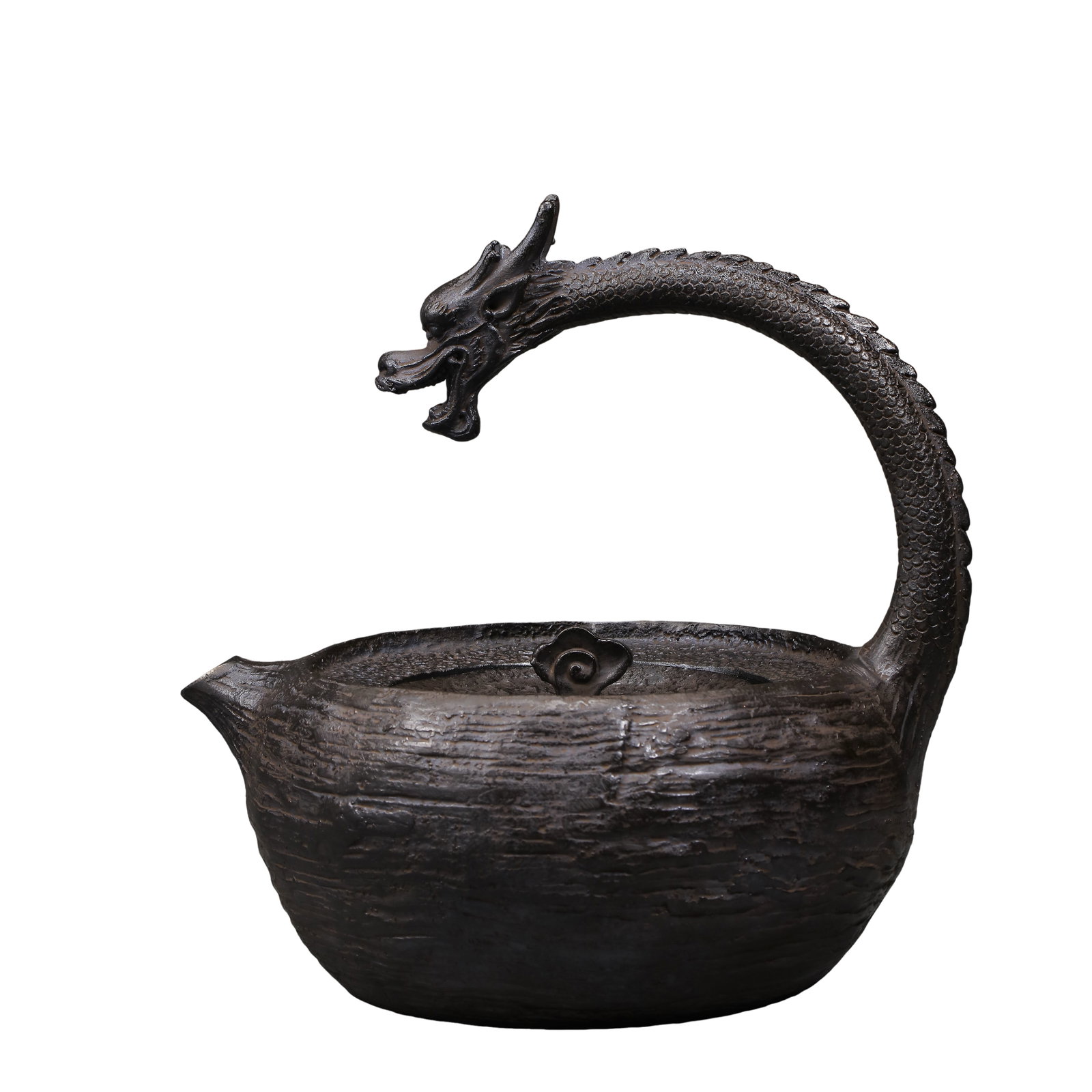 Cast Iron Teapot with Dragon Handle & Wood Grain Texture, Modern Era, 20th Century: Measurements: Overall Height 18cm(7.09in), Net Weight 1532g, Modern 20th CenturyCondition & Provenance: The teapot is integrally cast via lost-wax casting with dense thick cast iron body, covered with