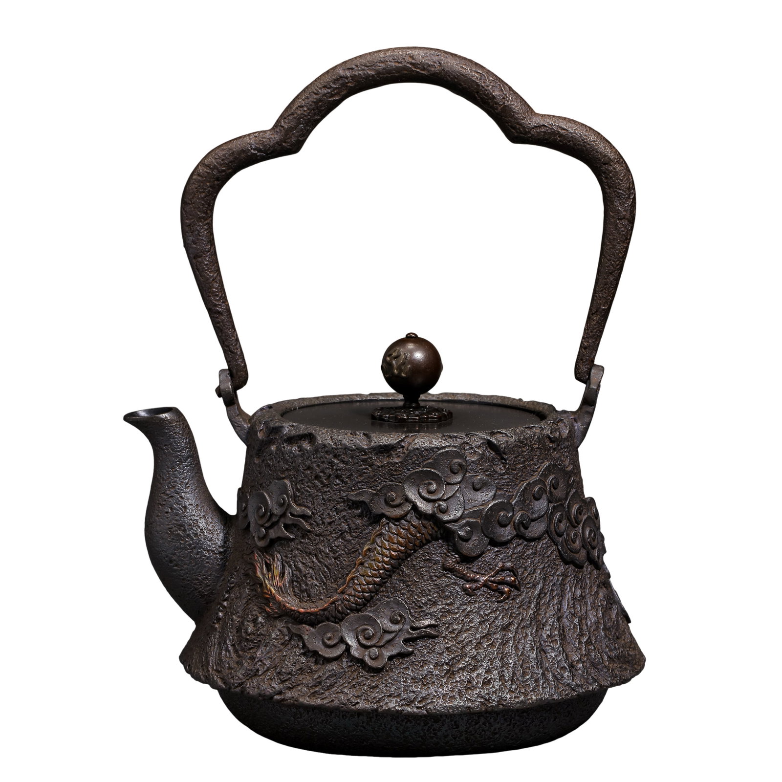 Cast Iron Kettle with High Relief Gilded Dragon & Cloud Motifs, Wavy Handle, Qing Dynasty, 19th (1 of 10)