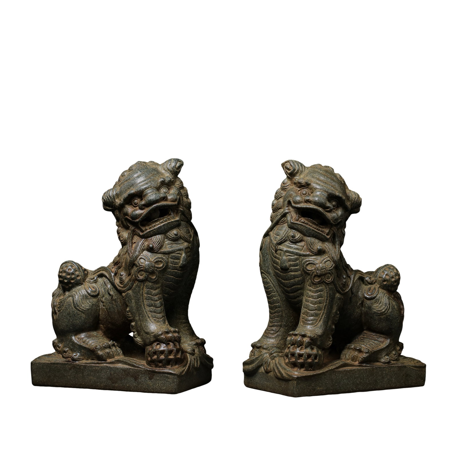 Pair of Bluestone Carved Guardian Lion Ornaments, Qing Dynasty, 18th-19th Century: Measurements: Single piece total height 23.5cm(9.25in), Base length 16cm(6.30in), Total weight of pair 9780g, Qing Dynasty, 18th-19th CenturyCondition & Provenance: This matching pair is fully carved 