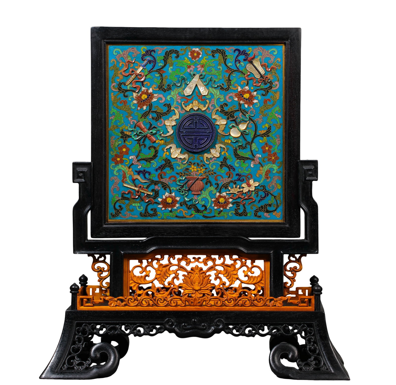 Zitan Wood Table Screen with Cloisonne and Precious Stone Inlay, Eight Immortals Symbols & Shou (1 of 9)