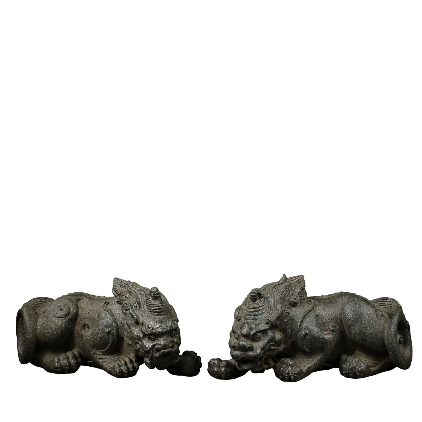 Pair of Bluestone Carved Recumbent Pixiu Paper Weights, Qing Dynasty, 17th-18th Century: Measurements: Single piece length 19.5cm(7.68in), height 10cm(3.94in), total weight of the pair 1525g, Qing Dynasty, 17th-18th CenturyCondition & Provenance: This matched duo is fully carved from indi