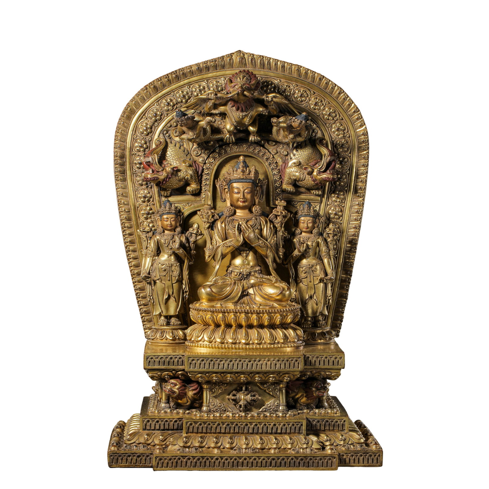 Ming Yongle?Marked Gilt?Bronze Manjushri Triad Statue With Mandorla: Dimensions:H:44.5cm, W:29.2cm, Weight:13kg Condition & Provenance:Fully assembled original set, heavy?cast copper body with full gilding, residual original polychrome, natural age?related gilding wear