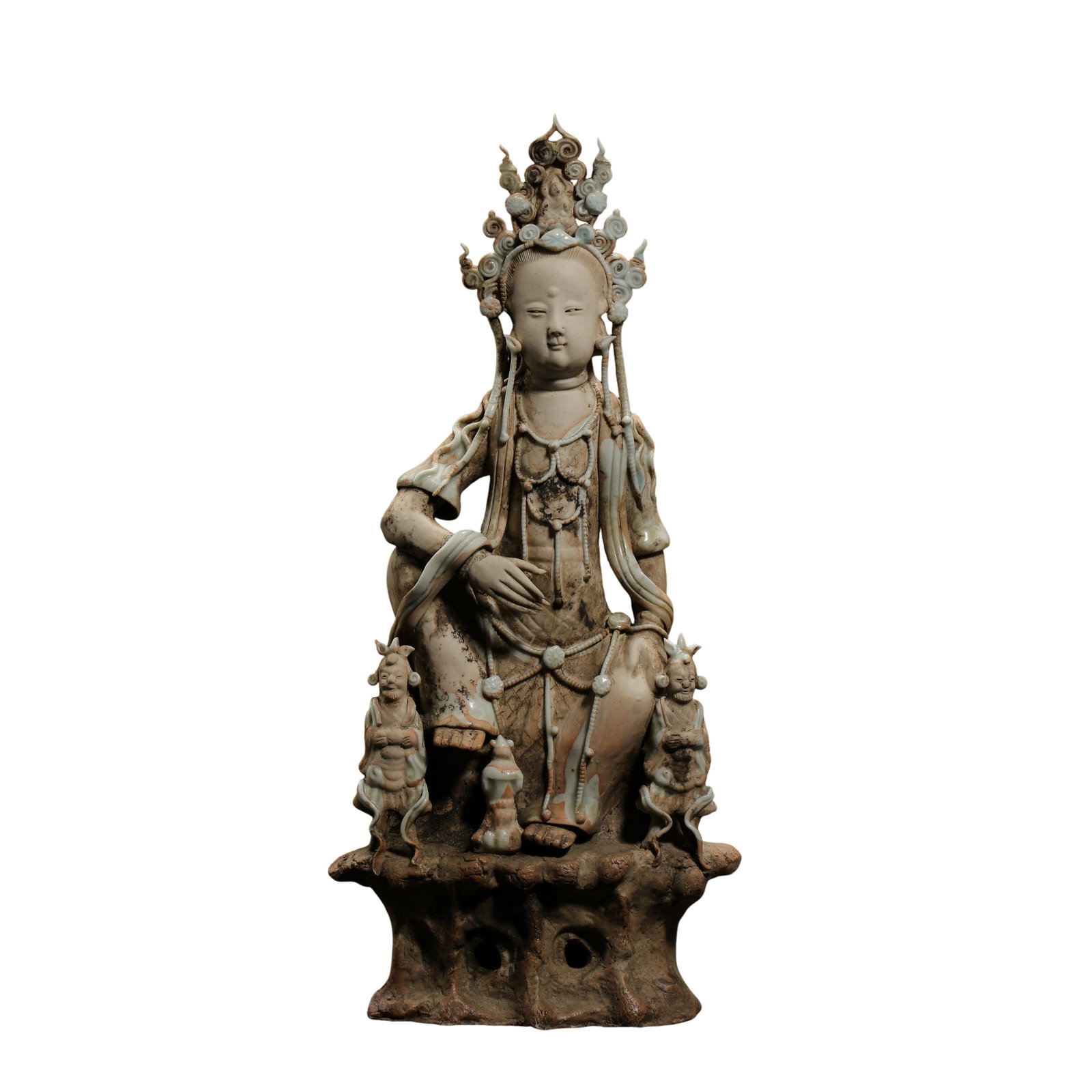 Hutian Kiln Yingqing Glazed Porcelain Statue of Water-Moon Guanyin with Sudhana and Dragon Girl, (1 of 9)