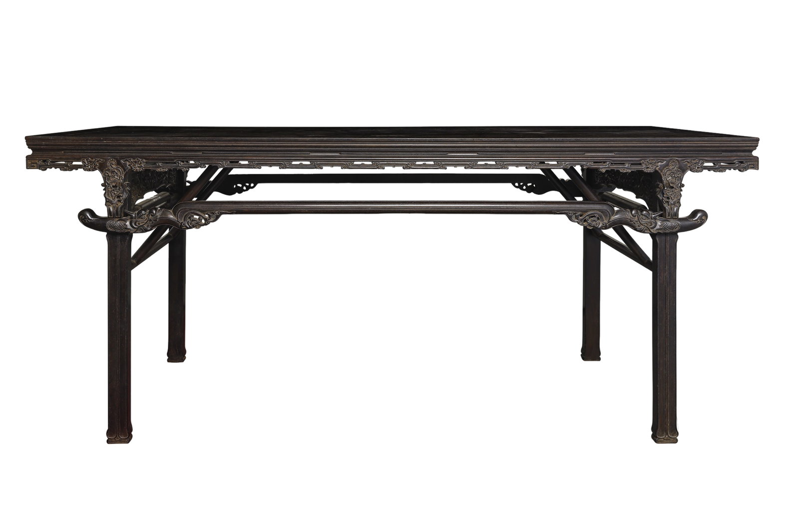 Zitan Wood Large Painting Table with Open?work Chilong Dragon Carvings, Qing Dynasty, 18th?19th: Measurements: Length 192cm(75.59in), width 81cm(31.89in), height 84cm(33.07in), Qing Dynasty, 18th?19th CenturyCondition & Provenance: This large table is entirely constructed of premium solid zitan h