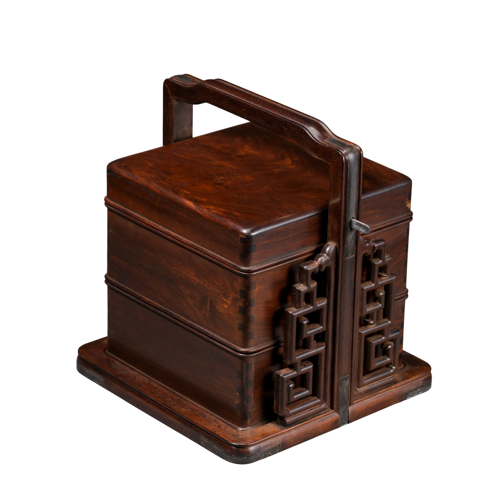 Huanghuali Wood Two-Tier Hand-Carved Hui Pattern Portable Carry Box, Qing Dynasty, 19th Century: Measurements: Height 21cm(8.27in), length & width 19cm(7.48in), weight 2000g, Qing Dynasty, 19th CenturyCondition & Provenance: This entire box is crafted from solid huanghuali timber with natural flo