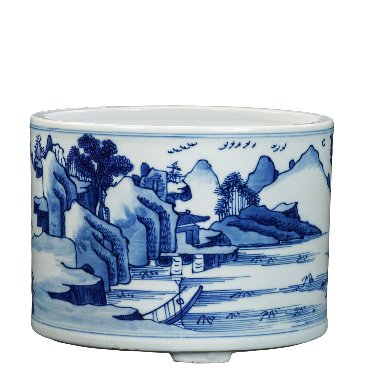 Blue and White Cylindrical Brush Pot with Continuous Landscape Scene on Three Feet, Kangxi Period,: Measurements: Mouth diameter 18.3cm(7.20in), height 14.1cm(5.55in), Kangxi Period, Qing Dynasty, 17th CenturyCondition & Provenance: The cylindrical vessel has a well-proportioned straight body with s