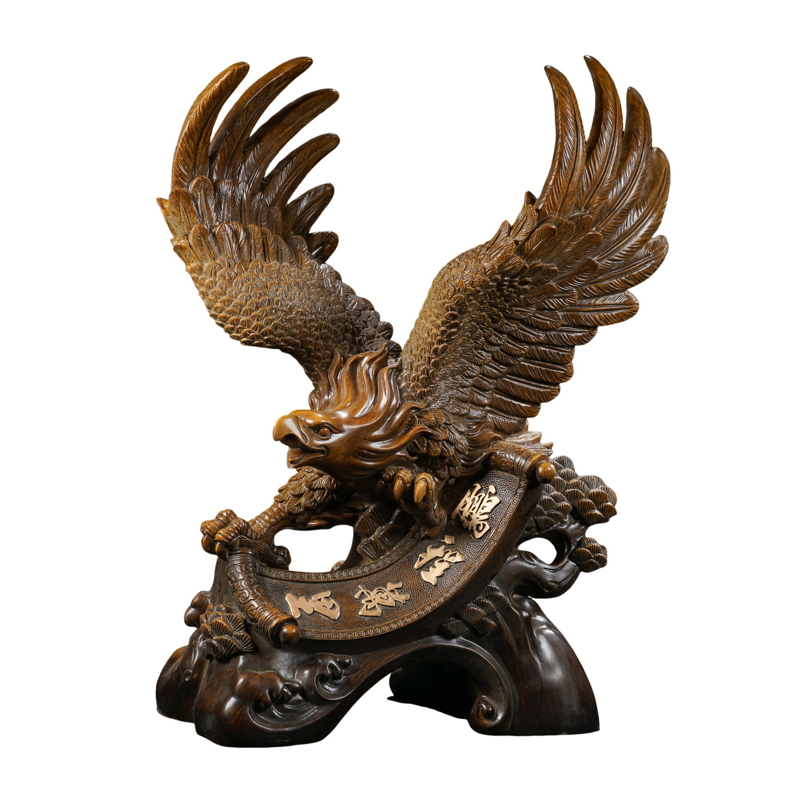 Hardwood Carved Eagle Ornament with Great Future Blessing, Modern Period, 20th Century: Measurements: Height 52cm(20.47in), width 43cm(16.93in), weight 3.87kg, Modern Period, 20th CenturyCondition & Provenance: The whole sculpture is carved from one solid hardwood block with distinct nat
