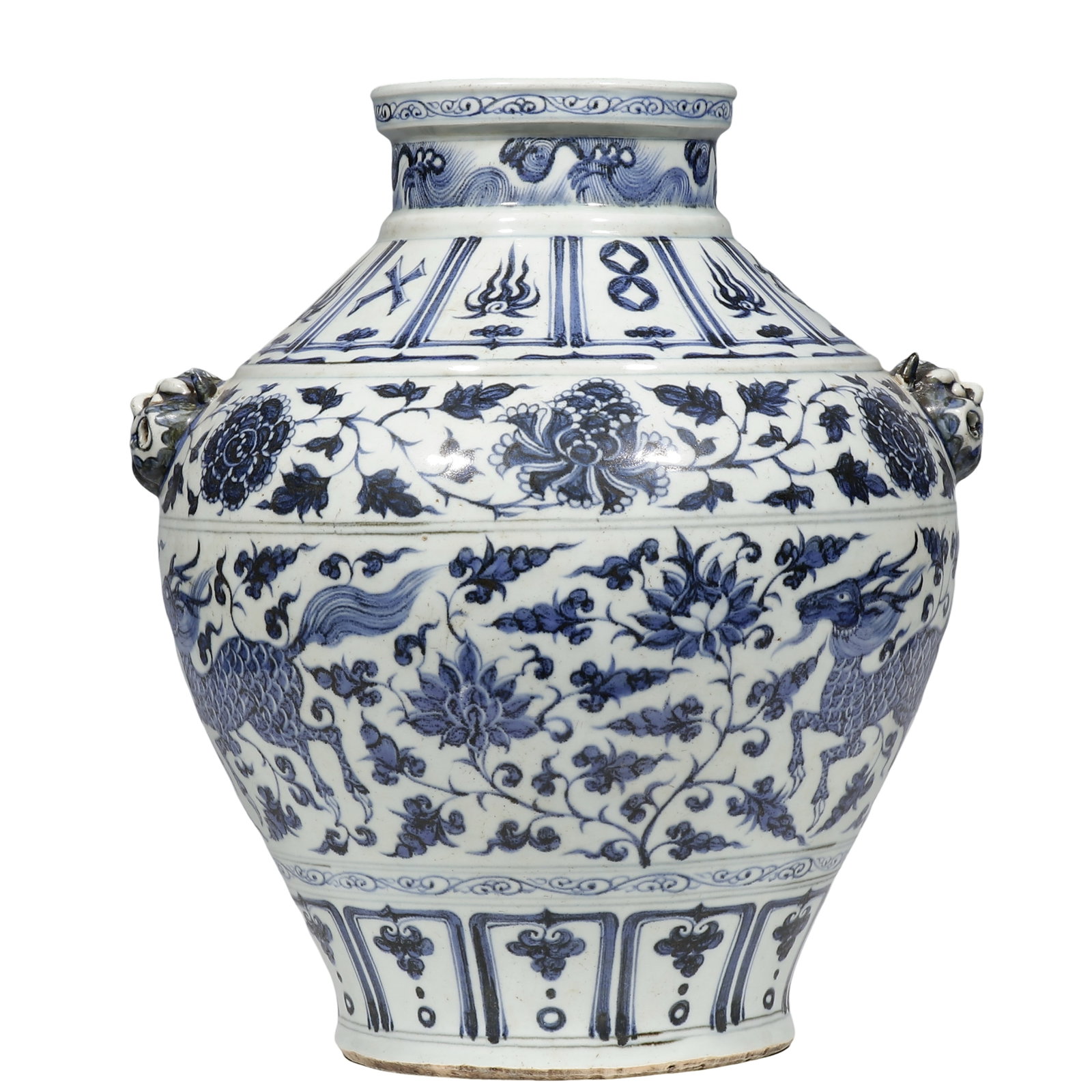 Dynasty Blue-and-White Jar with Qilin amid Floral Scrolls and Applied Animal-Mask Handles (1 of 6)