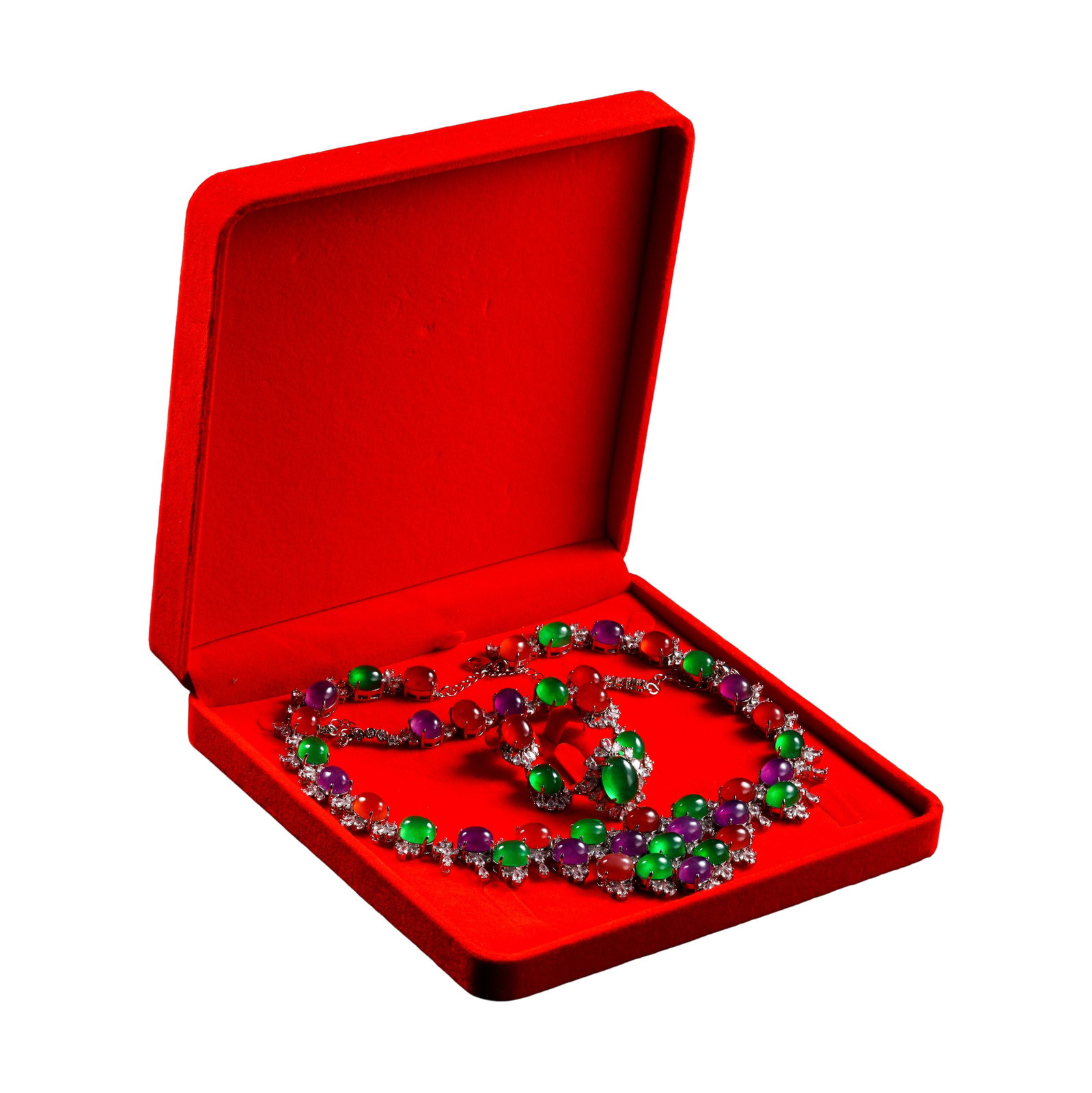 Qing?Dynasty Multi?Color Vibrant Jadeite Parure: Necklace, Bracelet, Ring and Earrings: Dimensions:Total Weight 191g, Ring Main Stone 1.5 cm (0.59 in), Earring Main Stone 1.1 cm?Condition & Provenance:The full jewelry parure is complete with necklace,bracelet,ring and earrings,all compon