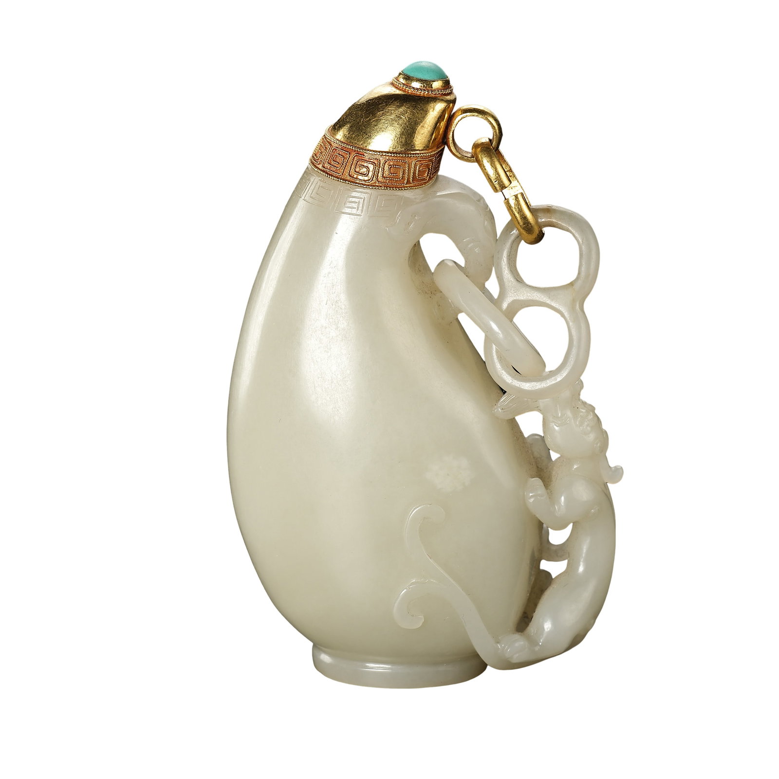 Hetian White Jade Snuff Bottle with Openwork Chilong Interlocking Rings, Gold Lid Inlaid Turquoise,: Measurements: Max width 6.2cm(2.44in), overall height 10cm(3.94in), total weight 175g, Qing Dynasty, 18th-19th CenturyCondition & Provenance: The main Hetian white jade body is fully intact, only a ti
