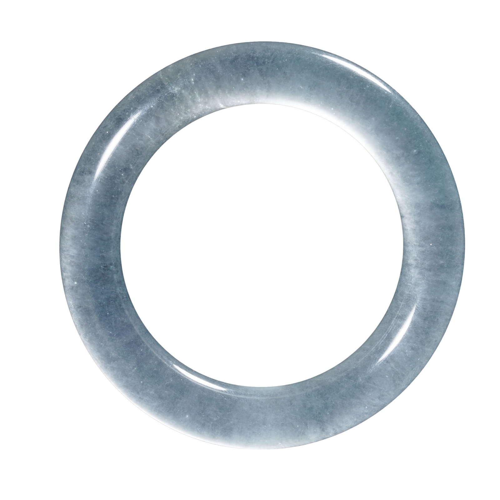 High Ice Muna Snowflake Cotton Round Bar Jadeite Bangle, Contemporary 20th-21st Century: Measurements: Outer diameter 8cm(3.15in), net weight 58g, Contemporary 20th-21st CenturyCondition & Provenance: The bangle is fully intact with no cracks, chips, natural stone veins or glue repairs. I