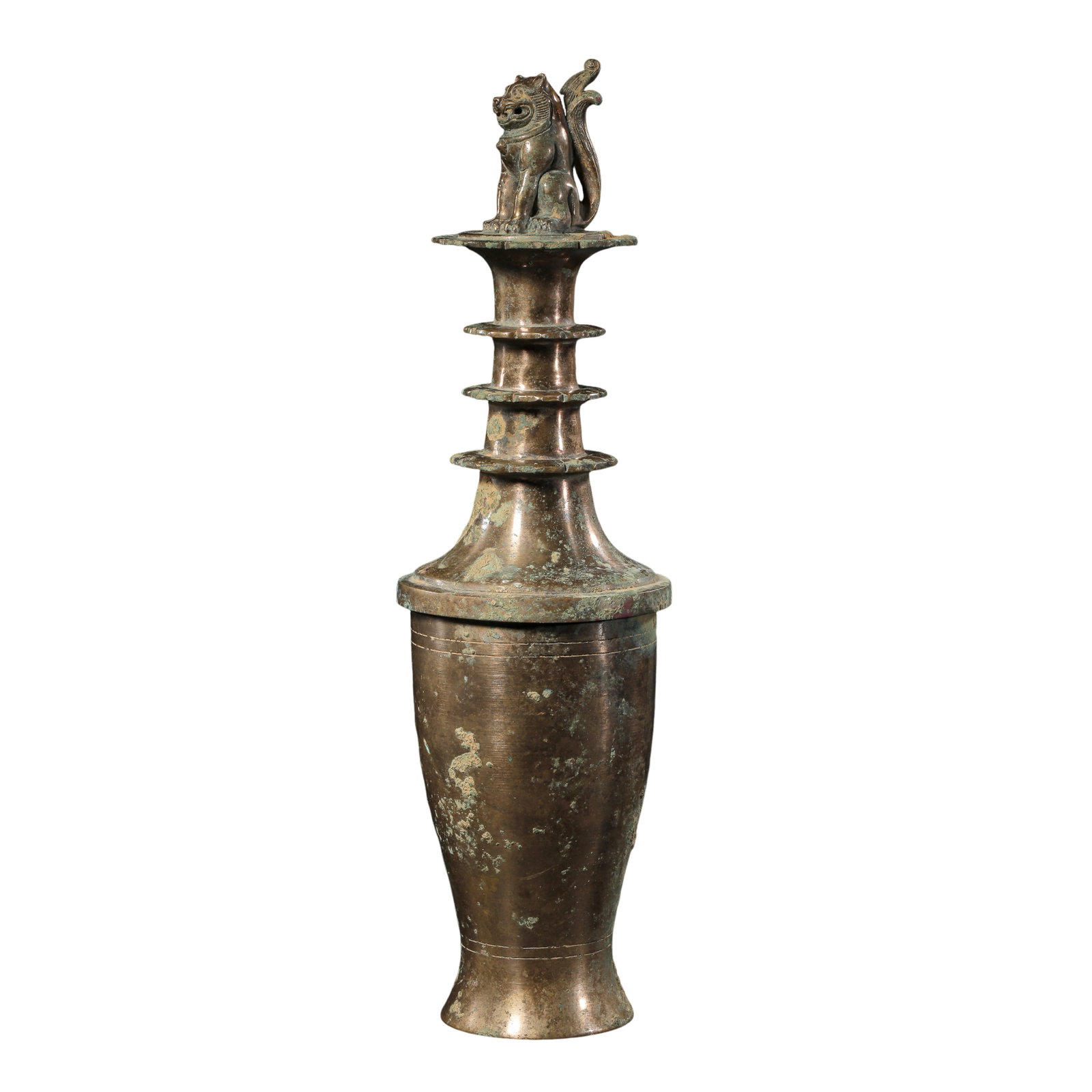 Antique Bronze Ritual Offering Vessel with Lion Finial Multi-Layer Petal Split Lid, Ming Dynasty: Measurements: Overall height 36.6cm(14.41in), total weight 1753g, Ming Dynasty 15th-16th CenturyCondition & Provenance: The vessel is fully complete in two separable matching pieces, no missing sectio