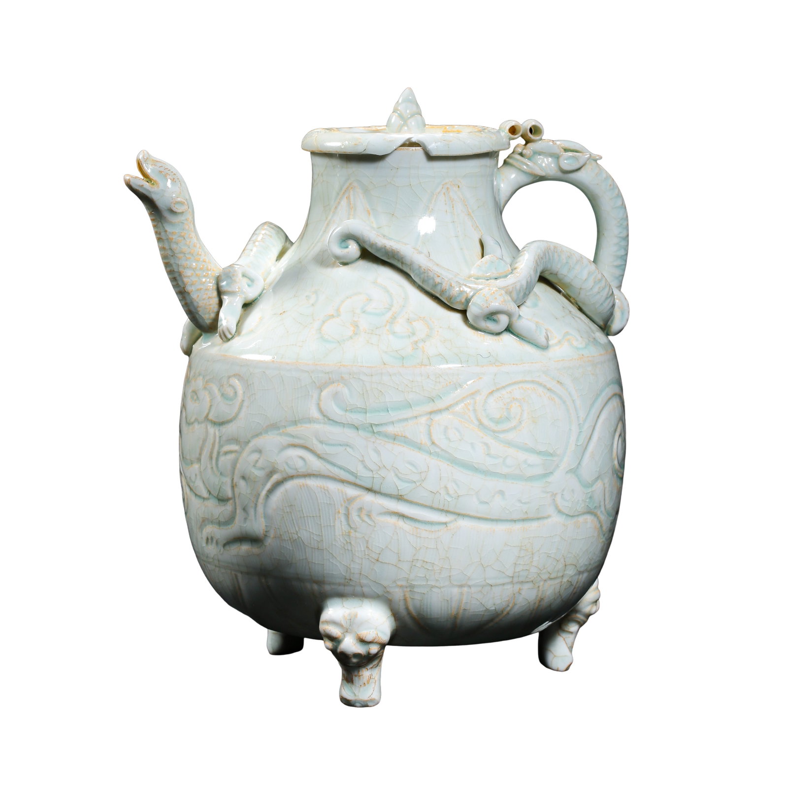 Yingqing Ewer With Stacked Dragon Relief & Beast Feet, Song Dynasty 10th-13th Century: Measurements: Max belly width 18cm(7.09in), overall height 21.5cm(8.46in), Song Dynasty 10th-13th CenturyCondition & Provenance: The whole vessel including dragon spout, dragon handle, original lid an