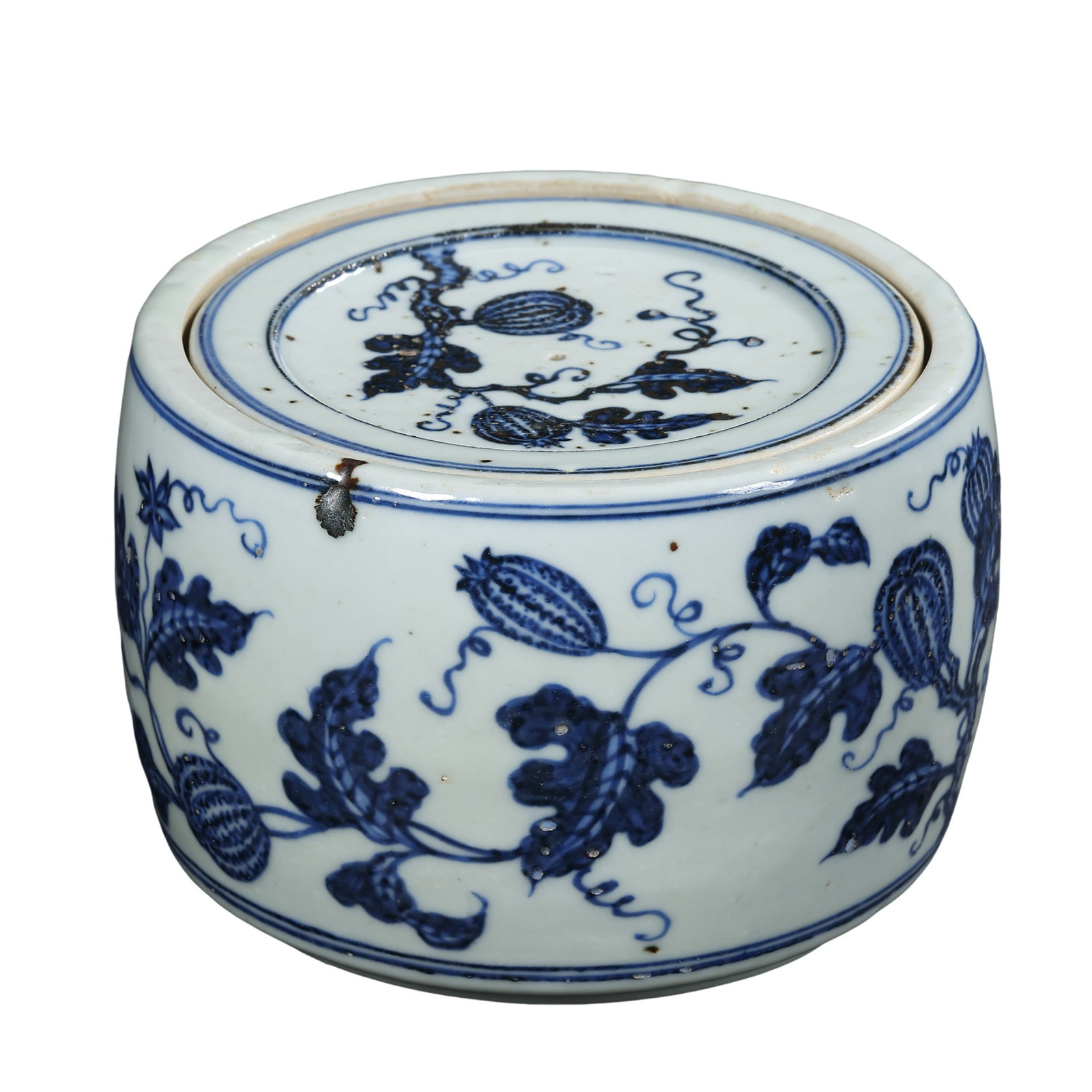 Blue and White Cricket Jar with Interlocking Melon and Fruit Scrolls, Xuande Reign, Ming Dynasty: Measurements: Mouth diameter 12.6cm(4.96in), height 8.7cm(3.43in), Xuande Reign, Ming Dynasty 15th CenturyCondition & Provenance: This jar survives complete with its original matching lid. The overall