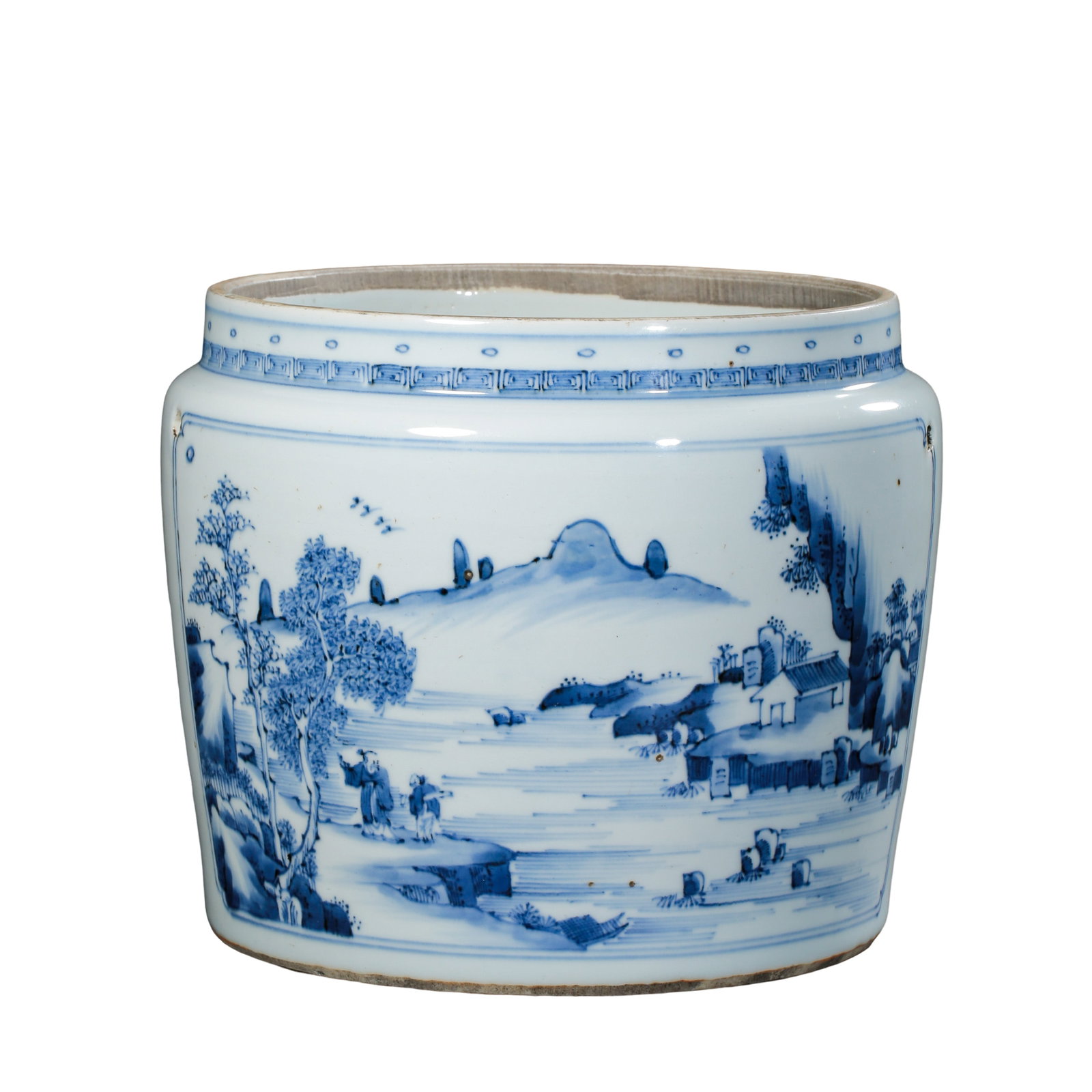 Blue and White Porcelain Congee Jar with Landscapes, Antique Treasures and Longevity Characters,: Measurements: Mouth diameter 17.5cm(6.89in), height 17cm(6.69in), Mid-Qing Dynasty 18th CenturyCondition & Provenance: The jar is fully intact without cracks or chips. Two small holes along the rim ar
