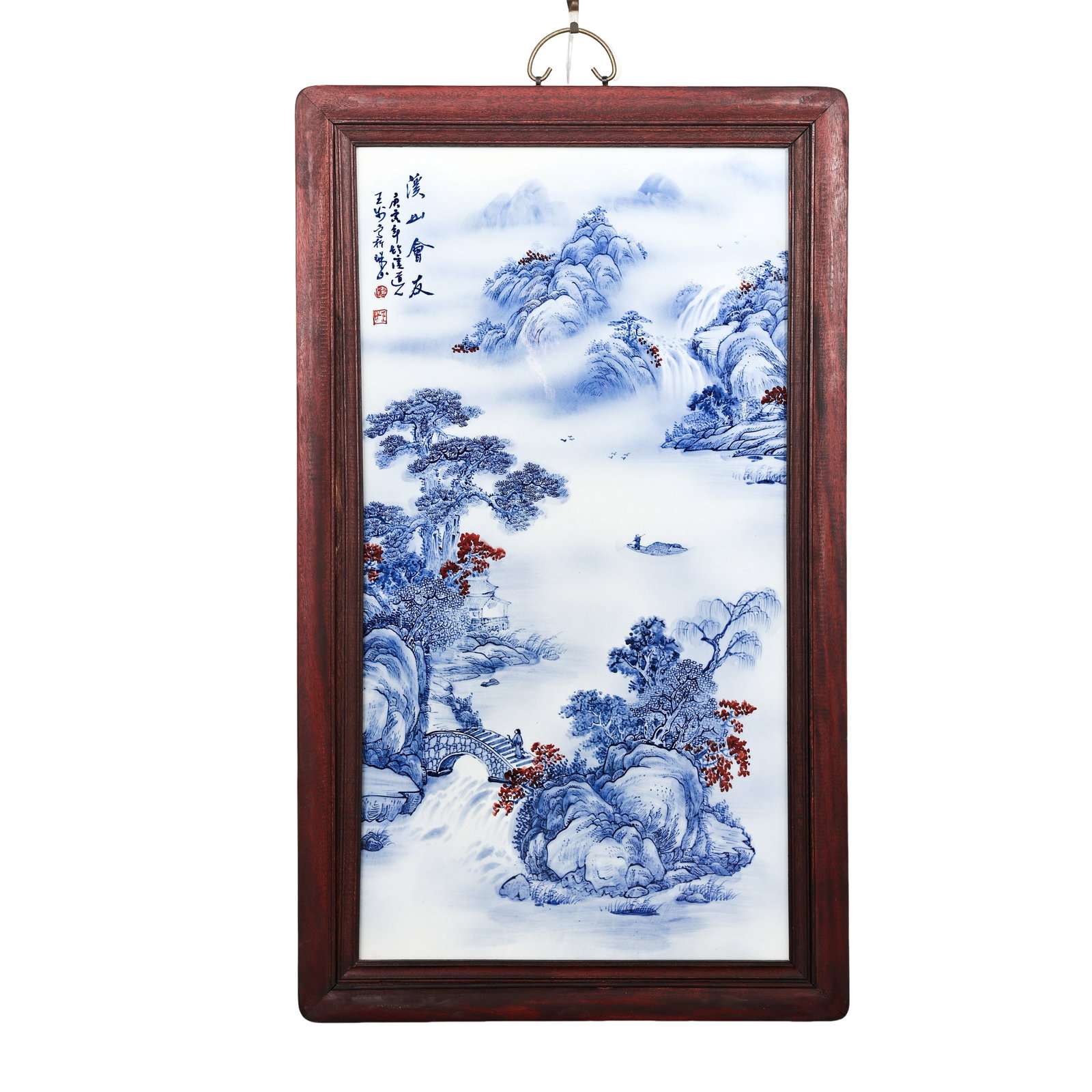 Blue and White Underglaze Red Porcelain Plaque Wall Hanging, Mountain Gathering of Friends, Modern: Measurements: Plaque length 89cm(35.04in), width 52cm(20.47in), Modern 20th CenturyCondition & Provenance: The porcelain plaque features flawless transparent glaze without cracks, chips, faded pigment