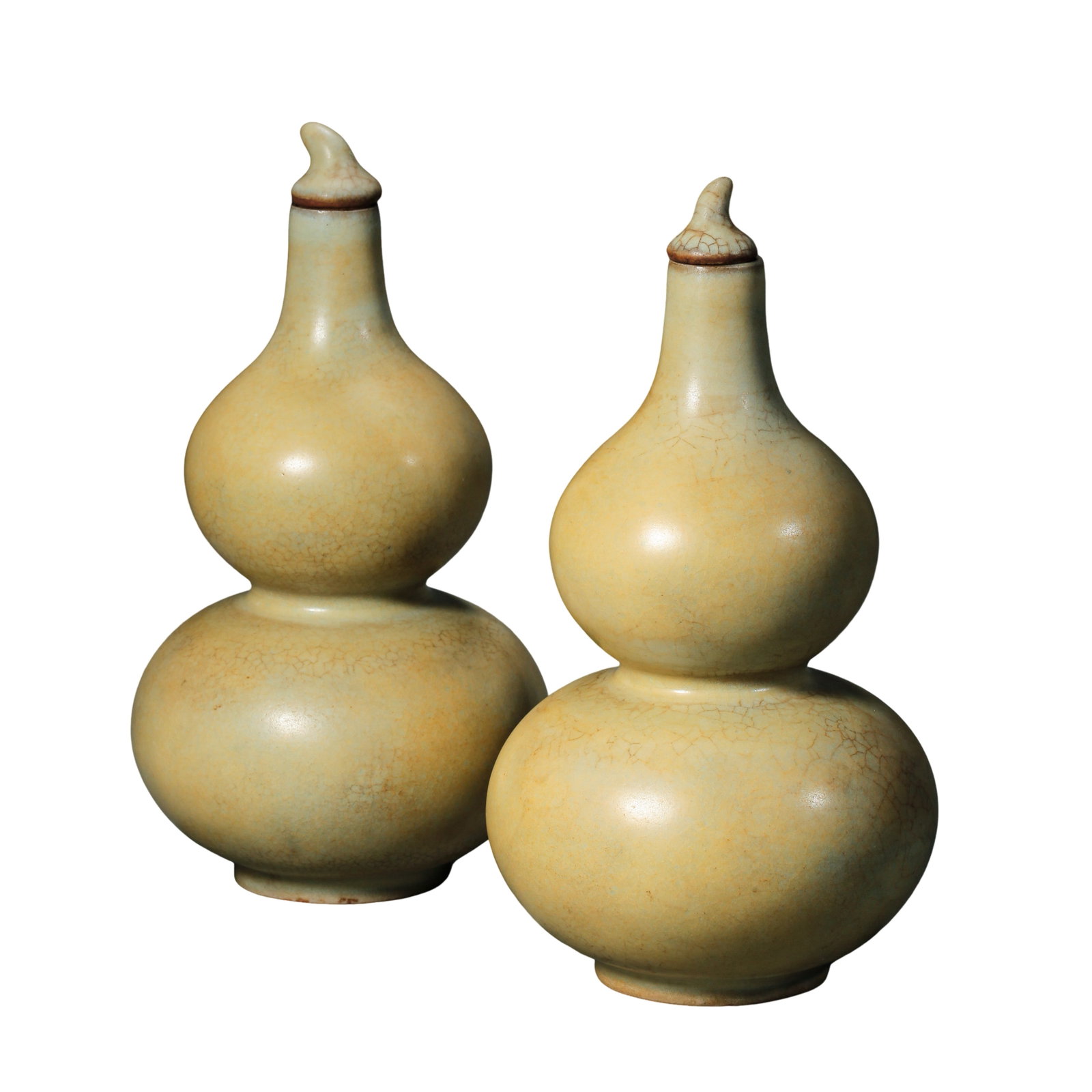 Pair of Ru Kiln Celadon Crackle Gourd Vases with Matching Lids, Song Dynasty 10thâ€“13th Century: Measurements: Overall height of single vase 17.5cm(6.89in), Song Dynasty 10th–13th CenturyCondition & Provenance: This matching pair is fully intact without cracks, chips or missing segments, each f