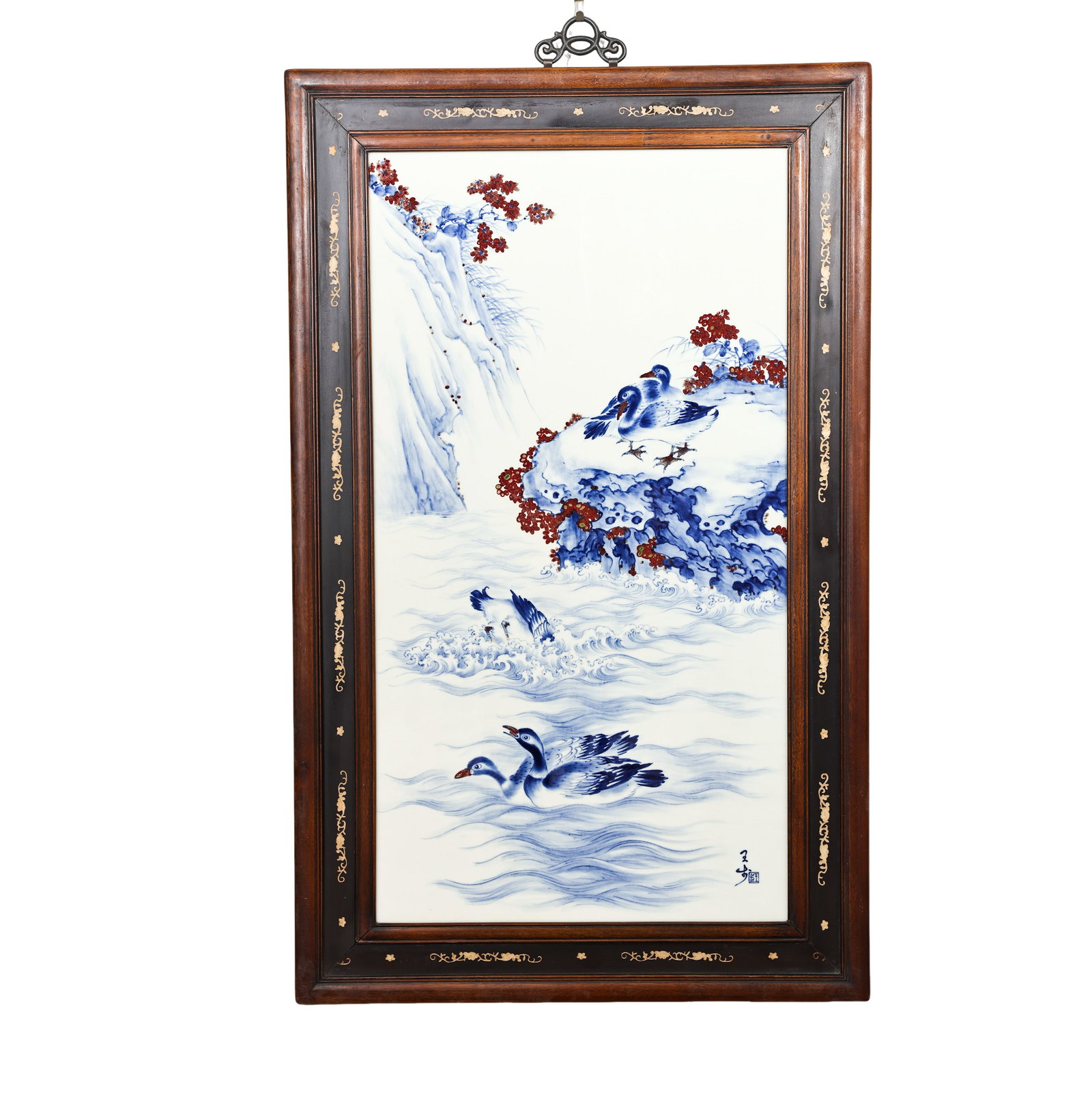 Blue and White Underglaze Red Porcelain Plaque Wall Hanging, Mandarin Ducks Playing in Cold River,: Measurements: Plaque length 96cm(37.80in), width 60cm(23.62in), Modern 20th CenturyCondition & Provenance: The porcelain plaque features smooth intact glaze without cracks, chips, faded pigment or res