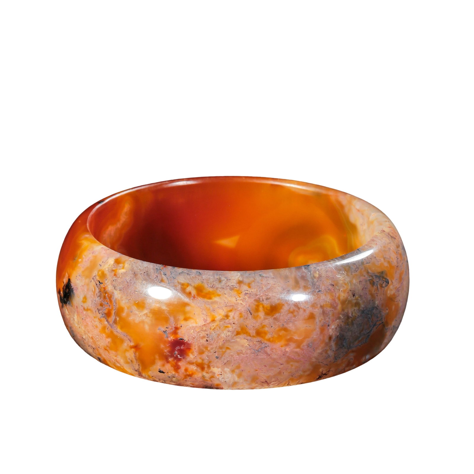 Natural Moss Red Agate Wide Bangle Bracelet, Contemporary 21st Century: Measurements: Inner diameter 7.5cm(2.95in), band width 2.5cm(0.98in), weight 82g, Contemporary 21st CenturyCondition & Provenance: The entire bangle is fully intact without cracks, chips, artificial h