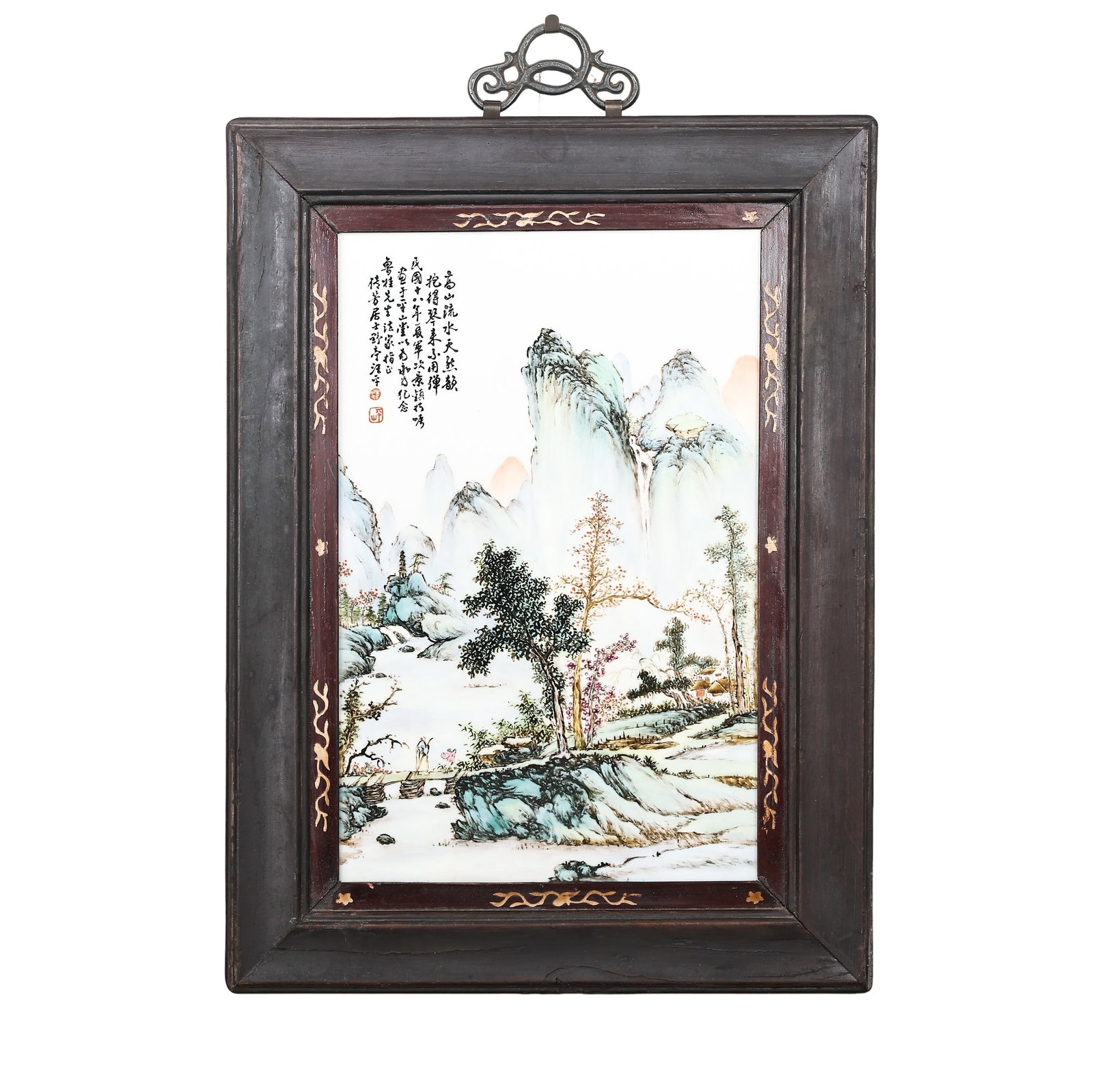 Republic?of?China Famille?Rose Porcelain Plaque Hanging Screen,Landscape And: Dimensions:Height 49 cm (19.29 in),Width 35.5 cm (13.98 in),20th Century?Condition & Provenance:The porcelain plaque features solid body without cracks or penetrating chips.The glaze surface remains l
